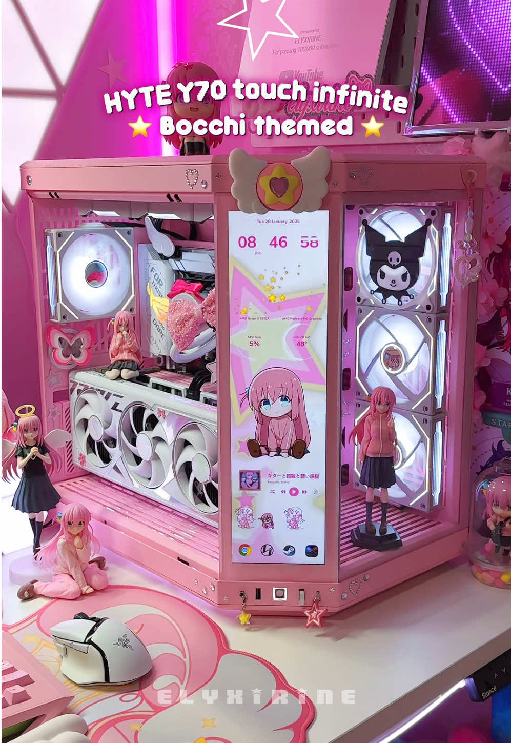 I’m in love with how my Bocchi-themed PC build turned out! 💗⭐️🎸the Y70 Touch Infinite case from @Hyte perfect base for this cute-yet-powerful PC! I had fun customizing it with my fave Bocchi figures, sparkly stickers, and some accessories to really make it my own~just like I did with my previous PC cases, including the HYTE Y70 Touch ✨ I can't wait to share my 65th monthly themed setup before January ends 🙈 huge thanks to HYTE for making this pink PC build all possible!! 😍🫶🏻💕 ⭐️ BOCCHI BUILD SPECS ⭐️ ▫️PC Case: Y70 Touch Infinite Pink *gfted by @hytebrand ▫️GPU: ROG STRIX RTX 4090  ▫️CPU: AMD Ryzen 9 9900X *new ▫️RAM: Corsair Vengeance DDR5 64GB *new ▫️SSD: 990 PRO 4TB *gfted by @Samsung  ▫️AIO: NZXT Kraken Z73 360mm LCD display ▫️MOBO: ROG STRIX X870-A WIFI  *new ▫️Fans: Lian Li Uni Fan Infinity White RGB #hytey70touchinfinite #bocchitherock #pcsetup #battlestation #GamerGirl 
