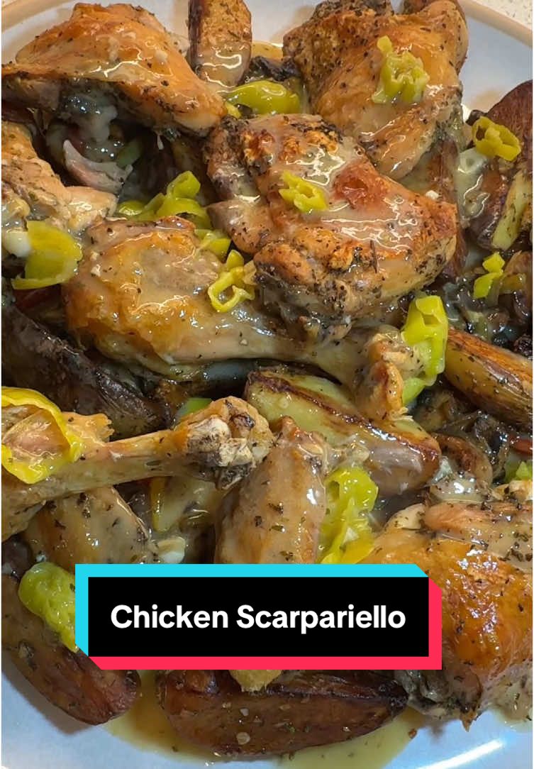 Chicken Scarpariello #chicken #Recipe #Foodie #foodblogger #FoodLover #cookingathometiktoktv #chefsofinstagram #FoodTok #cheftok #yummy #delicious #tasty #veggies #potatoes #sausage                                  Sauce 3.5 cups chicken stock  1.5 cups white wine 2 TB butter 2 TB flour 2 cloves garlic 1 TB fresh chopped rosemary 3 pepperoncini sliced 3 TB lemon juice Ingredients  2 pounds dark meat chicken 3 Italian sausage links 2 roasted red peppers 2 cubanelle peppers 1 onion 8oz pack cremini mushrooms 3 Yukon gold potatoes  Lots of fresh chopped rosemary