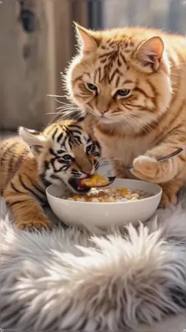 The orange cat was moving bricks in the field when it came across a homeless rabbit and a rain-soaked tiger cub. It brought them home and cooked porridge to feed them.#cat #fyp #funnycat #aicat #unitedstates #cookingcat #funnyvideo #funnyanimals #cutecat 