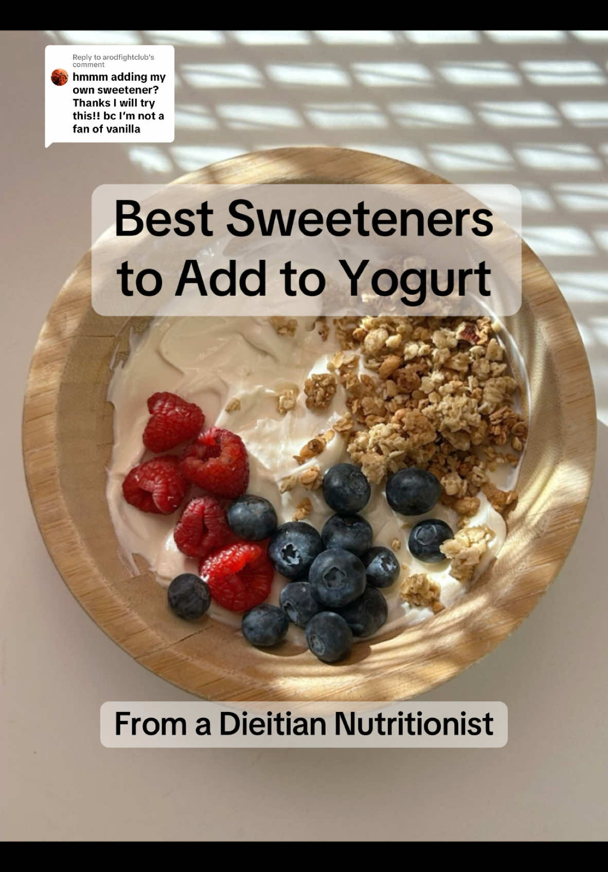 Replying to @arodfightclub to have the healthiest yogurt, but not sacrifice your sweet tooth, I recommend getting an unsweetened plain yogurt and adding your own sweetener! Here are my recommendations on the best sweeteners to add to your unsweetened yogurt! #yogurt #greekyogurt #dietitianrecommendations #groceryshopping #weightlossfoods #healthyrecipes #weightloss #easybreakfast #nutritiontips #dietitian #highprotein #mealprep 