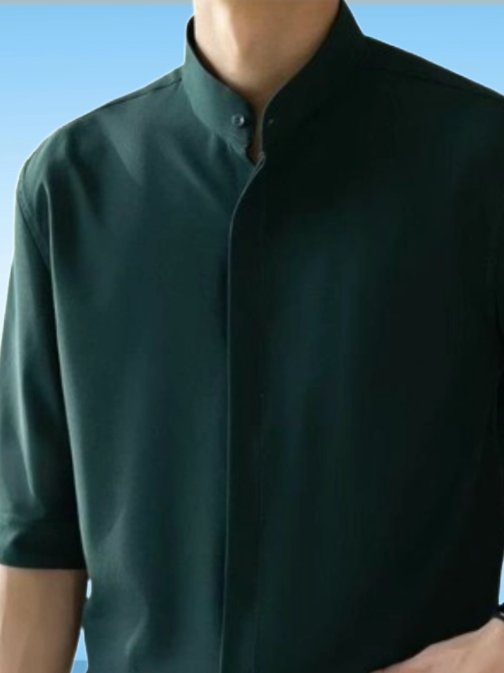 [Ice silk hide button polo top for men ]High level korean stand collar polo shirt for men casual thin solid color short seleeved polo top for men and womenXL[green] polo shirt for men