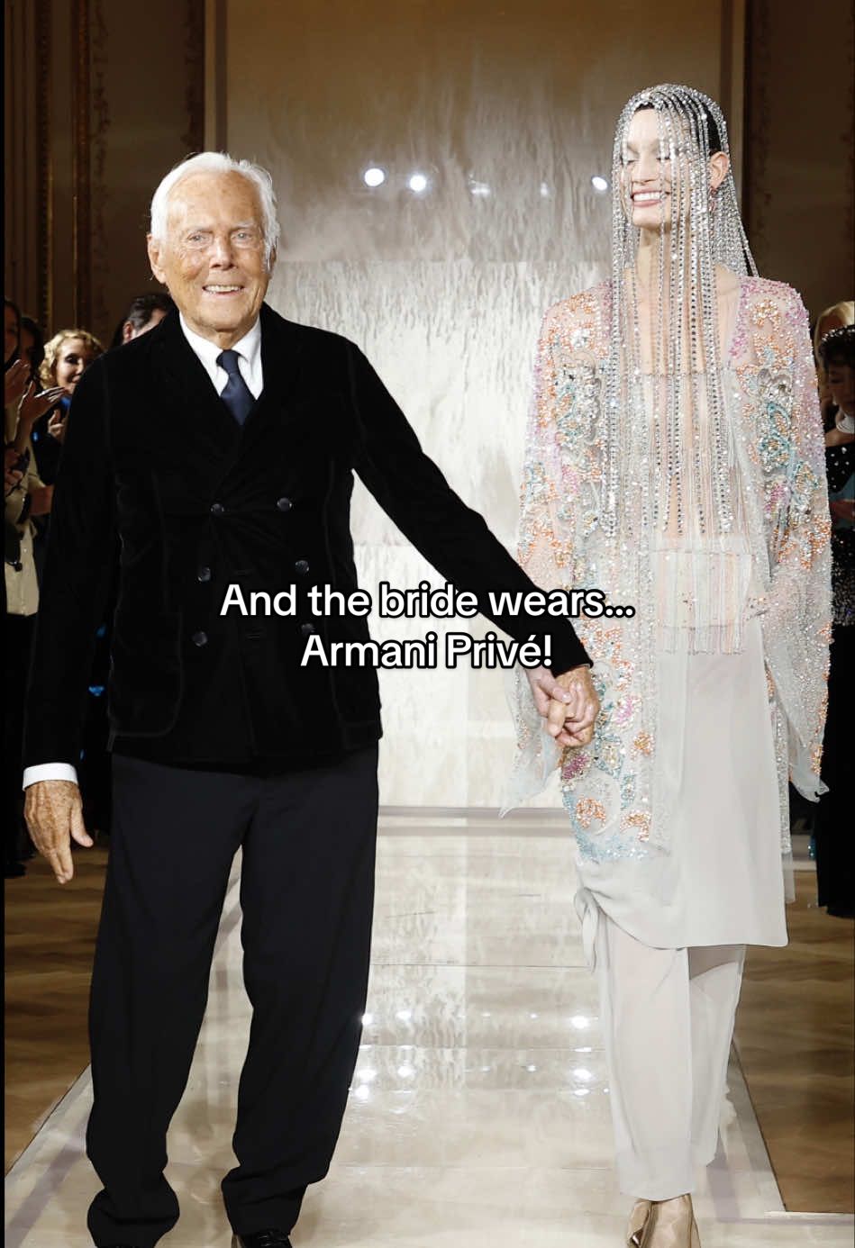 As always, 90-year-old #GiorgioArmani closed his #hautecouture show with a bride - and some guests couldn’t hold back their tears. Read all about the show via the link in bio.  #VogueNL #ArmaniPrive 