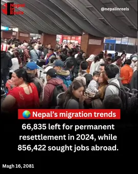 In 2024, 66,835 Nepalis left the country for permanent resettlement, according to data from the Department of Immigration. This marks a slight decline compared to 2023, when 70,915 individuals migrated for the same purpose. Meanwhile, temporary resettlement numbers increased, with 182,700 Nepalis leaving for short-term stays abroad.   The majority of migrants—856,422—left Nepal in search of employment opportunities, with 769,890 men and 96,197 women making up this group. Additionally, 119,409 individuals migrated for studies, 18,713 for healthcare, and 5,847 for UN missions. Sports-related activities accounted for 2,809 migrants.   These figures highlight Nepal’s ongoing reliance on foreign employment and the shifting dynamics of migration, with temporary stays gaining popularity over permanent resettlement. 