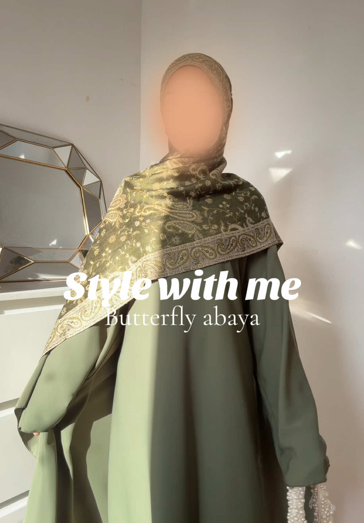 Butterfly abaya in this colour?!!🫒 I’m obsessed with the whole outfit ✨@ChowdhuryDress #grwm #abayagirls #abaya #modestfashion #ootdhijab #hijabi #fyp 