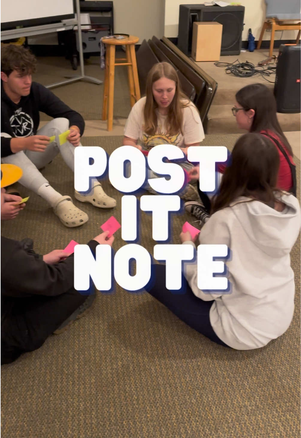 Team Building: Post It Note Challenge.  -Students get 2 Post Its and they write their name on them.  -Designate a leader to put one of their Post Its out of play so they have just one.  -Put all notes in the middle and jumble them up.  -Students take 2 random names, making sure they don’t get their own name. Leader just gets one.  -Object is to pass names until everyone has their own BUT you can only pass them if you have an empty hand.  -You can only pass names to the person on your right or left and you can’t have more than two names in your hand at a time.  We started in 4 small groups and then combined into 2 large groups. It takes communication, patience, and team work.  Thank you, @Jen | Teacher Time Hacks , for this one! Check out her detailed videos on how to play.  #youth #group #team #building #game 