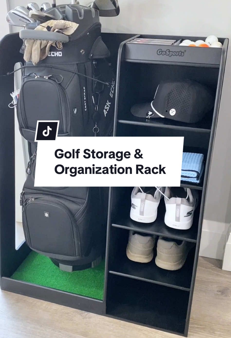 Keep all the golf bag and golf equipment organized with this wooden storage rack✨ #golf #storagerack #golfing #storage #organization #garagestorage #organize #organizationhacks #golfer #gosports #storagehacks #tiktokshopcreatorpicks 