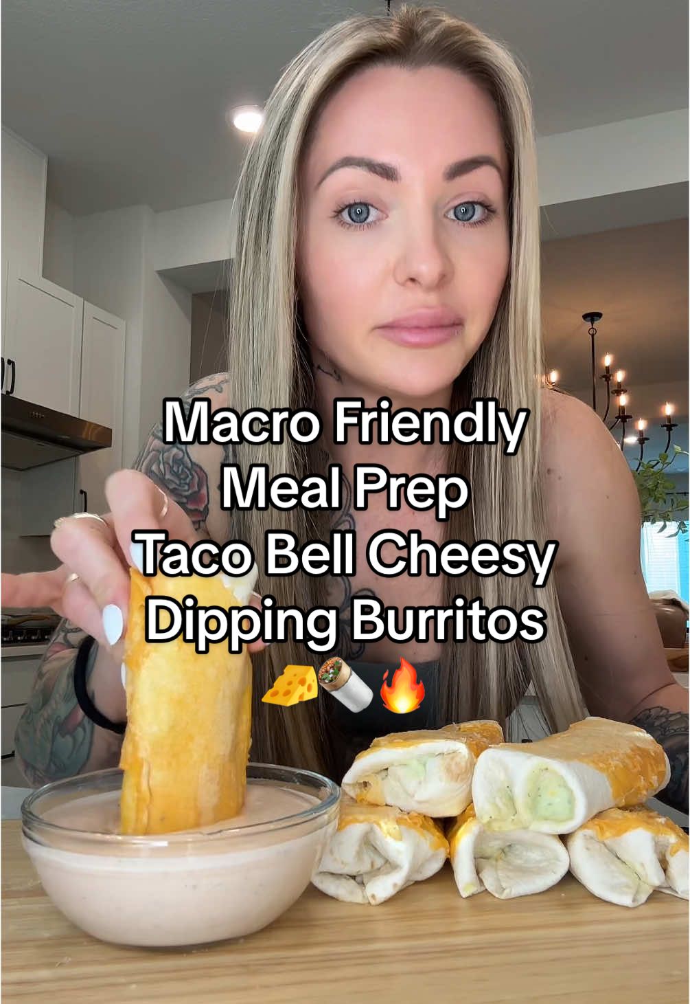 Meal Prep Taco Bell Cheesy Dipping Burritos 🌯🧀🔥 Macros per burrito- 198 cals, 25P, 24C, 6F Macros per serving of the dipping sauce- 13 cals, 2P, 1C, 0F