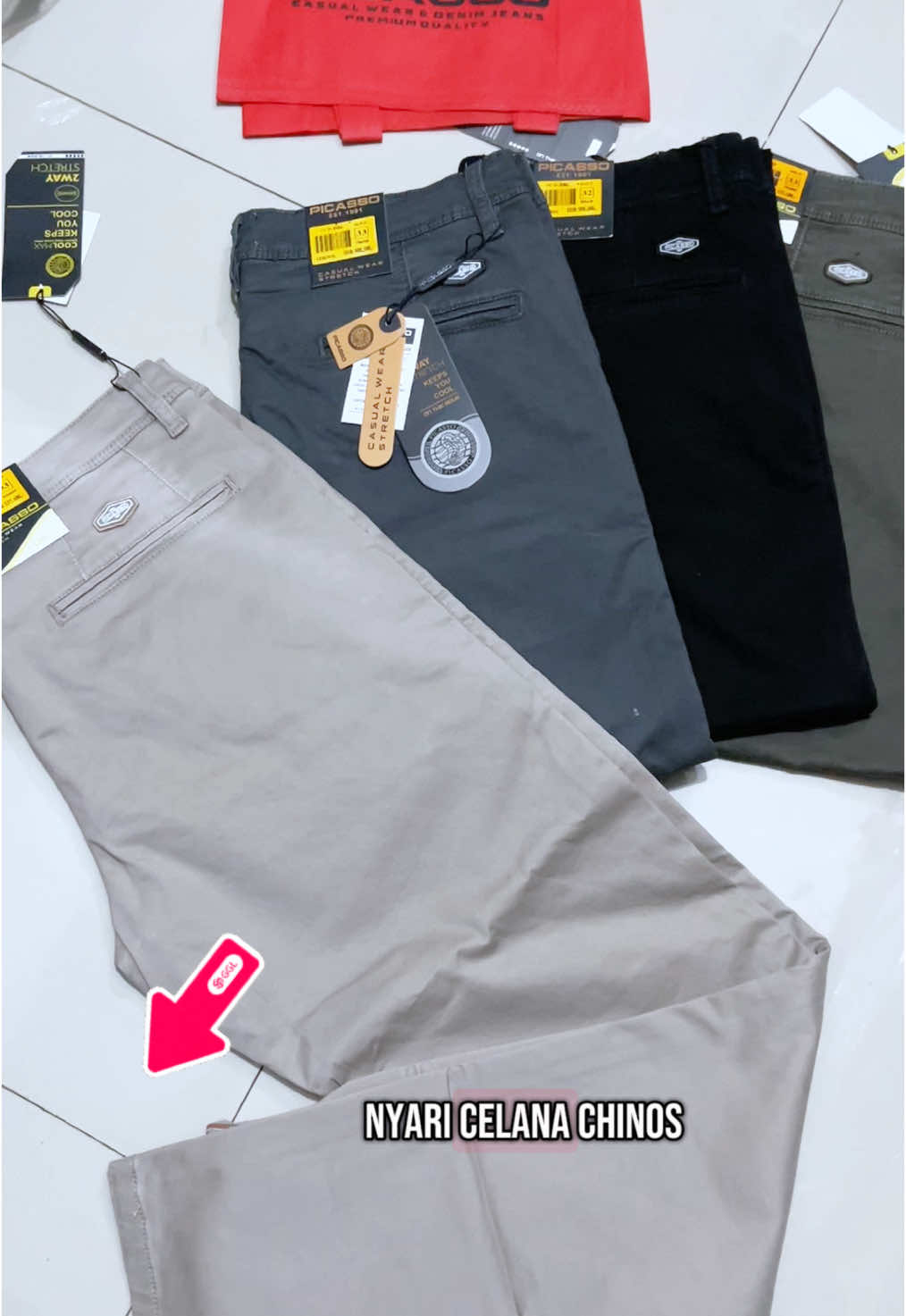 Celana chinos picasso original .. yuuk CO di keranjang kuning#picasso #celanapanjang #celanachinos #celanakatun 