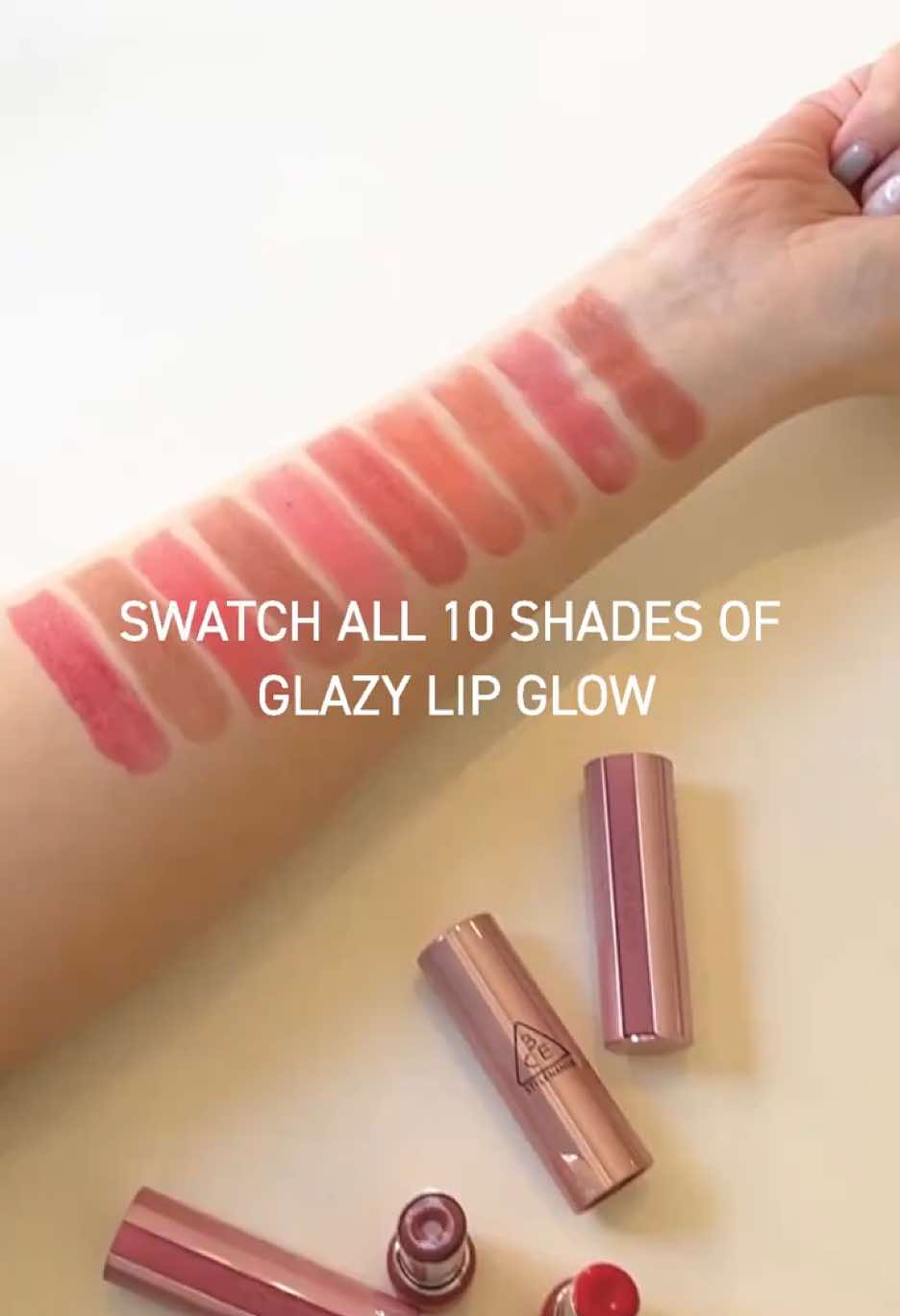 Look at those 10 shades of melting glow ✨💋  #3CE #3CELIP #GLAZYLIPGLOW #글레이지립글로우 #glaaaze #ARMSWATCH #LIPPIE #SWATCHES 