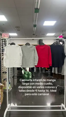 Camiseta infantil de manga larga con medio cuello, disponible en varios colores y tallas desde 4 hasta 16. Ideal para este carnaval.#carnaval #carnavalvillarrobledo 