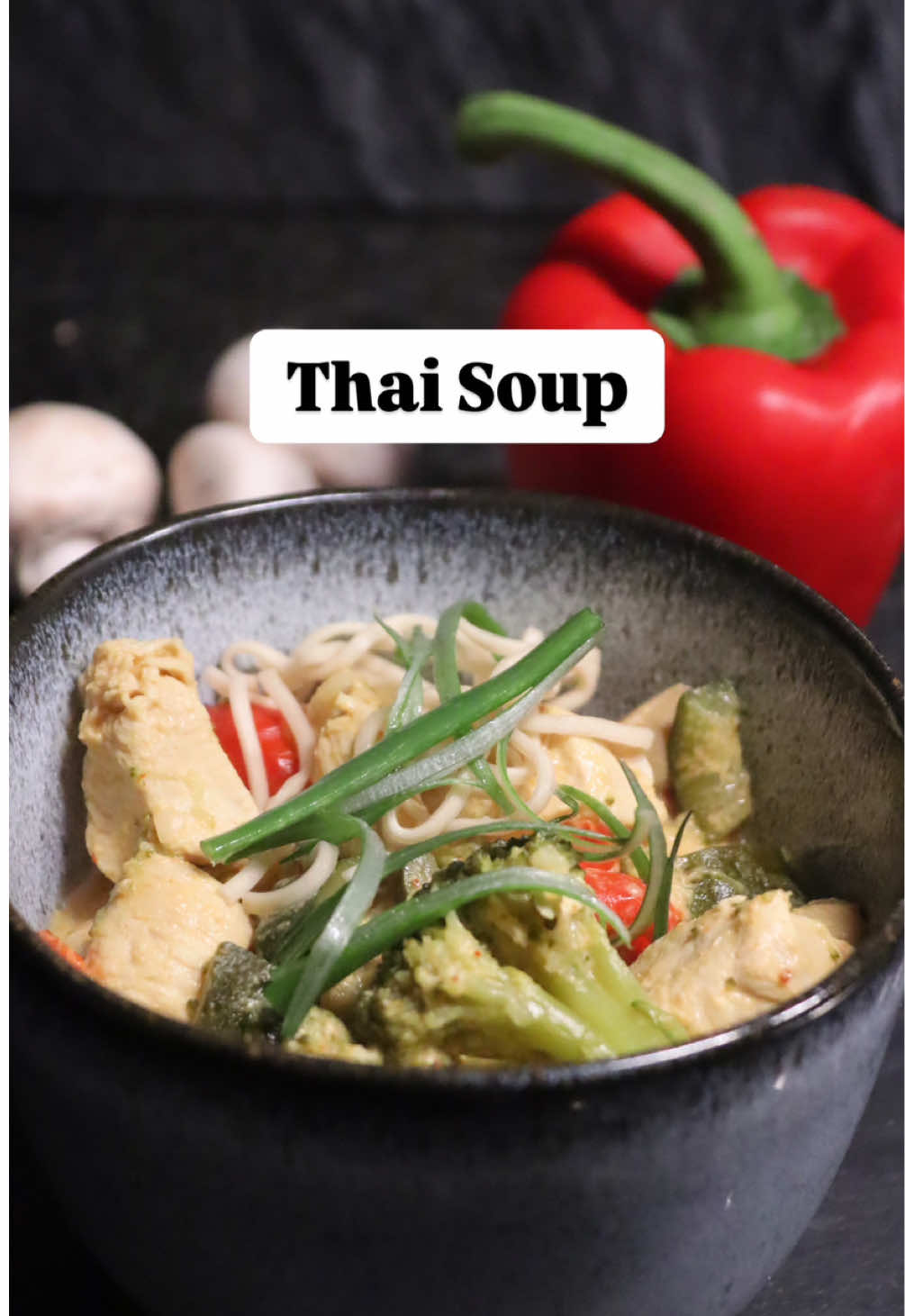 Ingredients 📌 Cut: ~ 3 Spring Onions ~ 2 cloves of Garlic ~ 1 Zucchini  ~ 1 Bell Pepper ~ 150g Mushrooms ~ 1 Broccoli Fry: ~ 500g Chicken Add: ~ Salt ~ Spring Onions  ~ Garlic ~2 tbsp Red Curry Paste  ~ 500ml Coconut Milk  ~ 700ml Veggie Broth ~ add veggies in the soup Let it cook for 10 minutes  Serve with Mie Noodles #thaisoup #currysoup #soup #chicken #curry #redcurry #mienoodles #miesoup #currymiesoup #lecker #easy #simple #mjkitchen