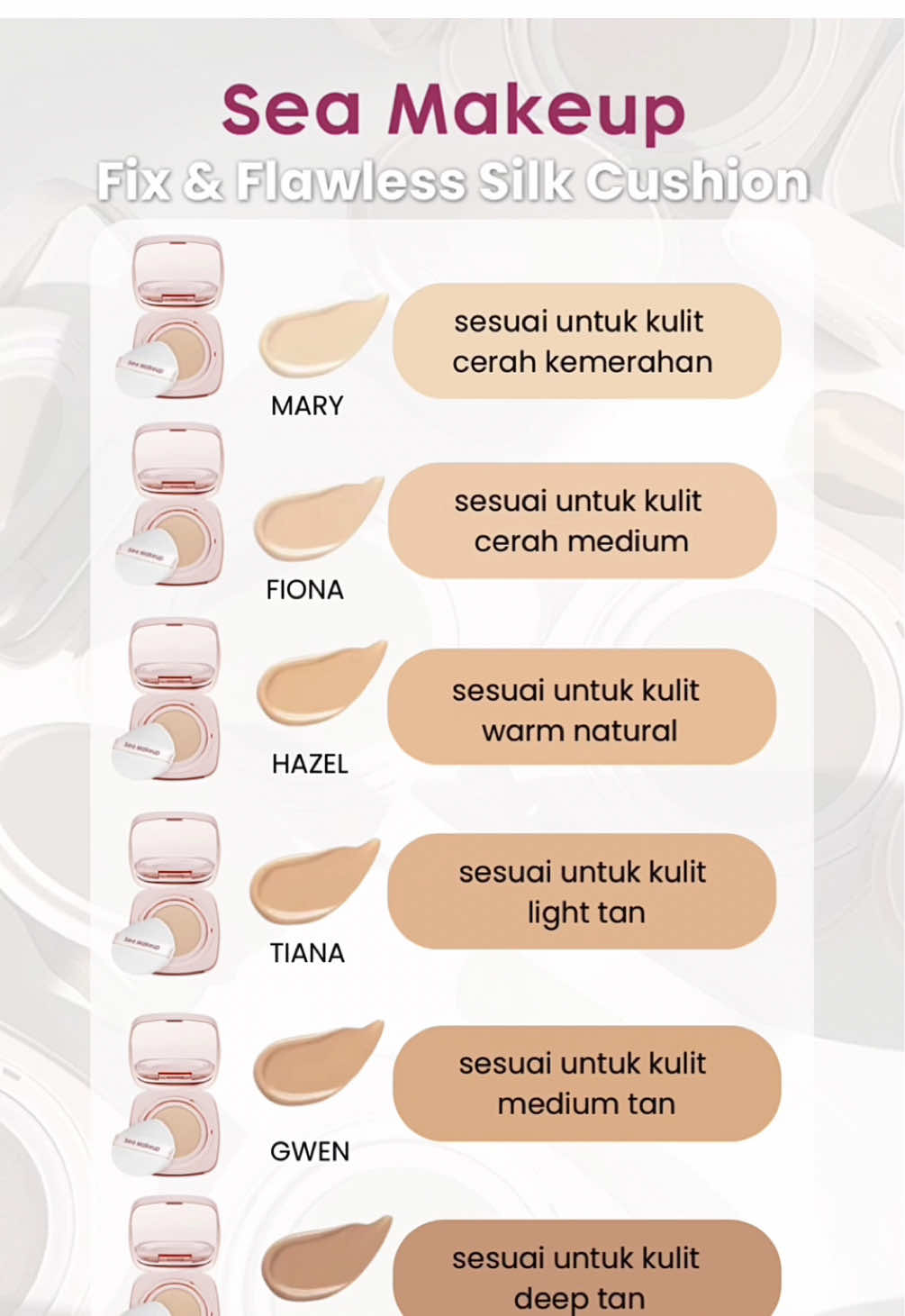 Fix & Flawless Silk Cushion comes with 6 variant shades skin tone that suitable for all asian skin! 💓🤩 #seamakeup #seamakeupmy #beauty #cushionseamakeup #makeupforacneskin 