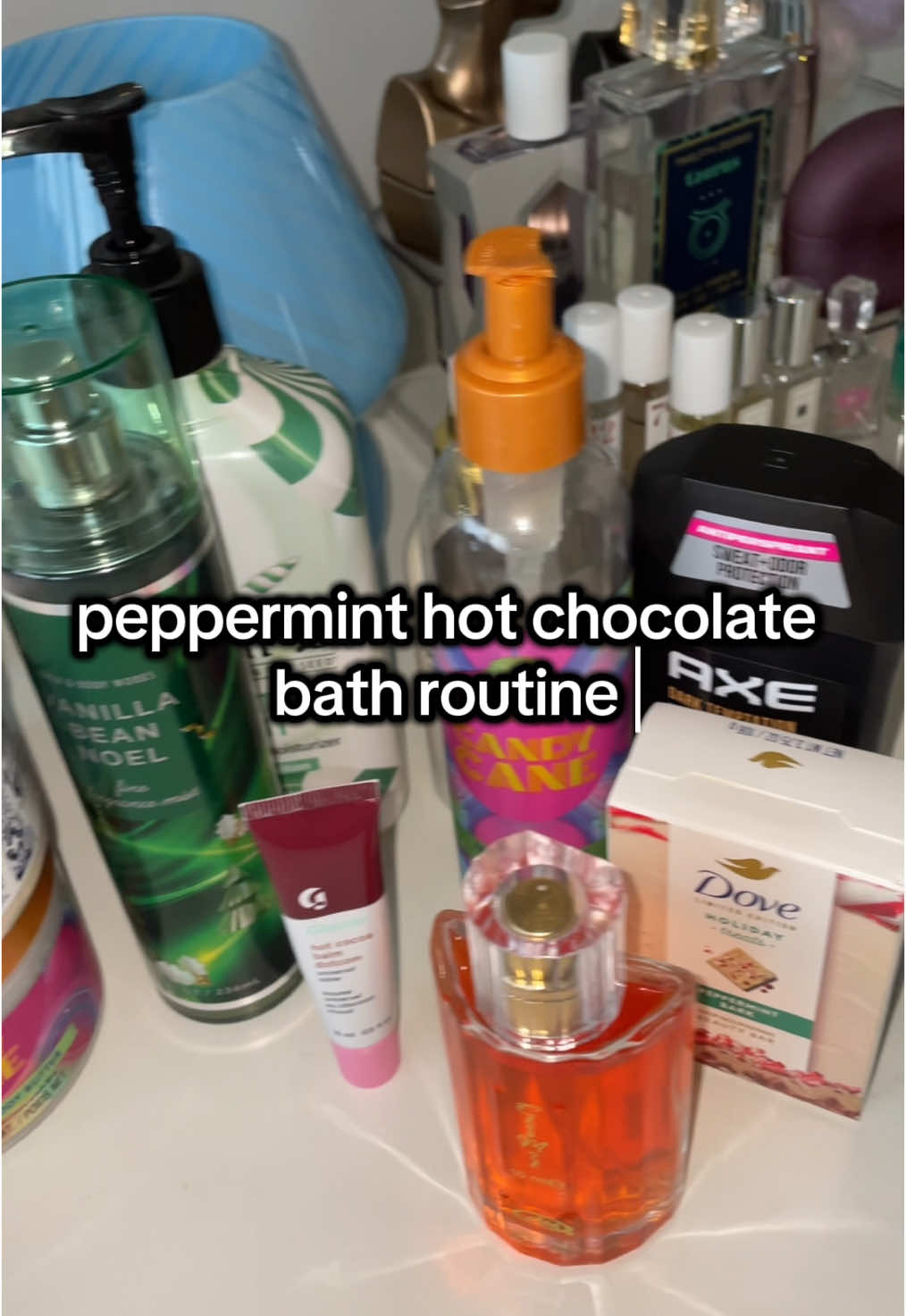 peppermint hot chocolate bath routine 💗 #BeautyTok #treehut #dove #chocomusk #hempz #glossier #bathandbodyworks @Dove Beauty & Personal Care @Bath & Body Works @Tree Hut 