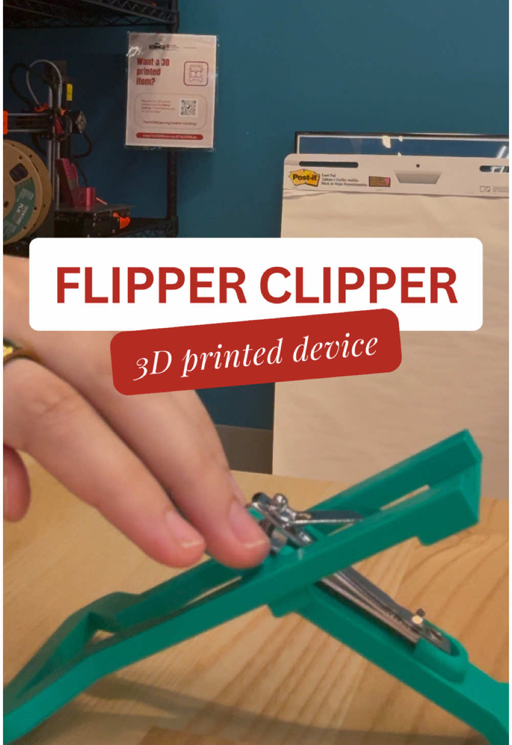 Would this help you or someone you know?   Video description: A close up video of a person’s hands using a green 3d printed nail clipping device.   Transcript: Are you struggling to clip your nails with one hand? The flipper clipper is here to help. This 3D printed assistive device flips open to hold a standard nail clipper. This device, designed by the Makers Making Change community, helps people with spinal cord injuries and other disabilities that affect hand dexterity and strength. It might also help someone with one hand or use of only one hand. You can check out this design at makersmakingchange.com and print it yourself or get someone to print it for you.   #Disability #Disabled #Makers #3DPrint #3DPrinting #3DPrinted #MakersMakingChange #Accessibility #Accessible #Access #AssistiveTech #AssistiveTechnology #AT #OccupationalTherapy #OT #OccupationalTherapist 