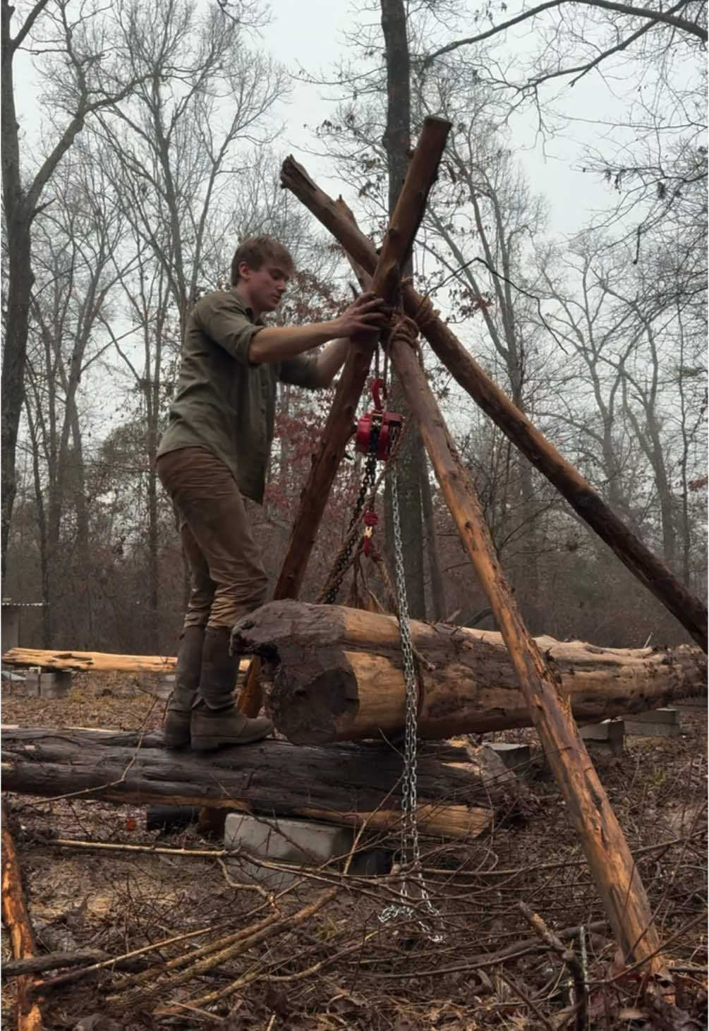 Building a Log Cabin by Hand Part 6. Previously we split two logs and set them down on the foundation. Next up, We have to find a way to lift up these big heavy logs and set them on the foundation. We find out using a tripod and a chain hoist works well. Follow and Like for more. #logcabin #cabin #bushcraft #Outdoors #Crosscutsaw #rdr2 #handtools #survival #cabinlife #lumberjacks #chainhoist 
