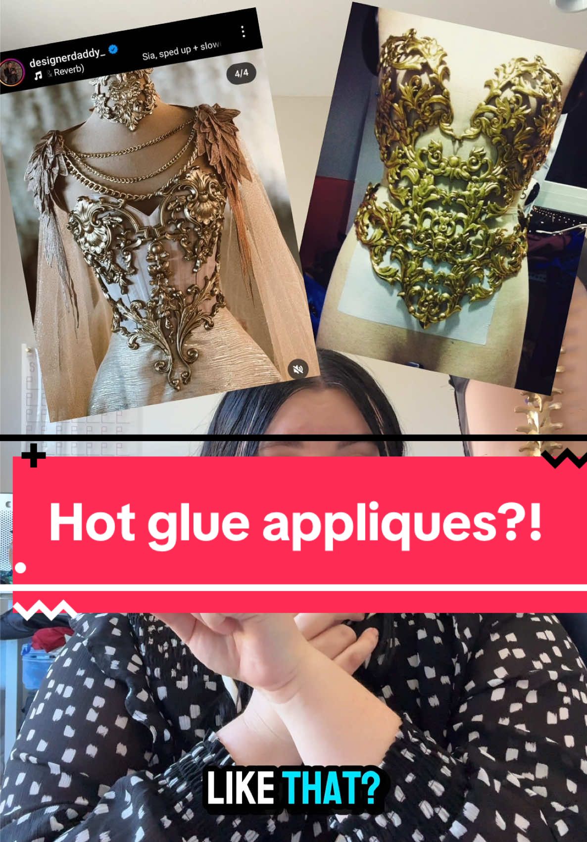 I was first introduced to this by one of my closest friends @Asta Darling , who was showing me some popular cosplay tips and tricks that I should try. And she was RIGHT!! These hot glue filigree pieces are incredible, they are flexible, paintable and so far, durable. I can see why they are super popular to add to your outfits!! They do take a little practice and a LOT of glue, I think next time I’ll just stick with the cheaper clear stuff instead of repainting the gold. THERE IS SOME NUANCE: this is not always going to be the right choice for your projects. If you live in hot areas you already know how hot glue acts. Sees with hot lights? Same thing. Liquid latex is a great alternative to this, but you’ll want to make sure you find some with ammonia as that will bleach clothes over time!  But if you’re out to just have fun crafting, this is a great project and a great way to spice up your booktok fits for this seasons balls! #fashion #sewing #BookTok #fantasyfashion #crafting 