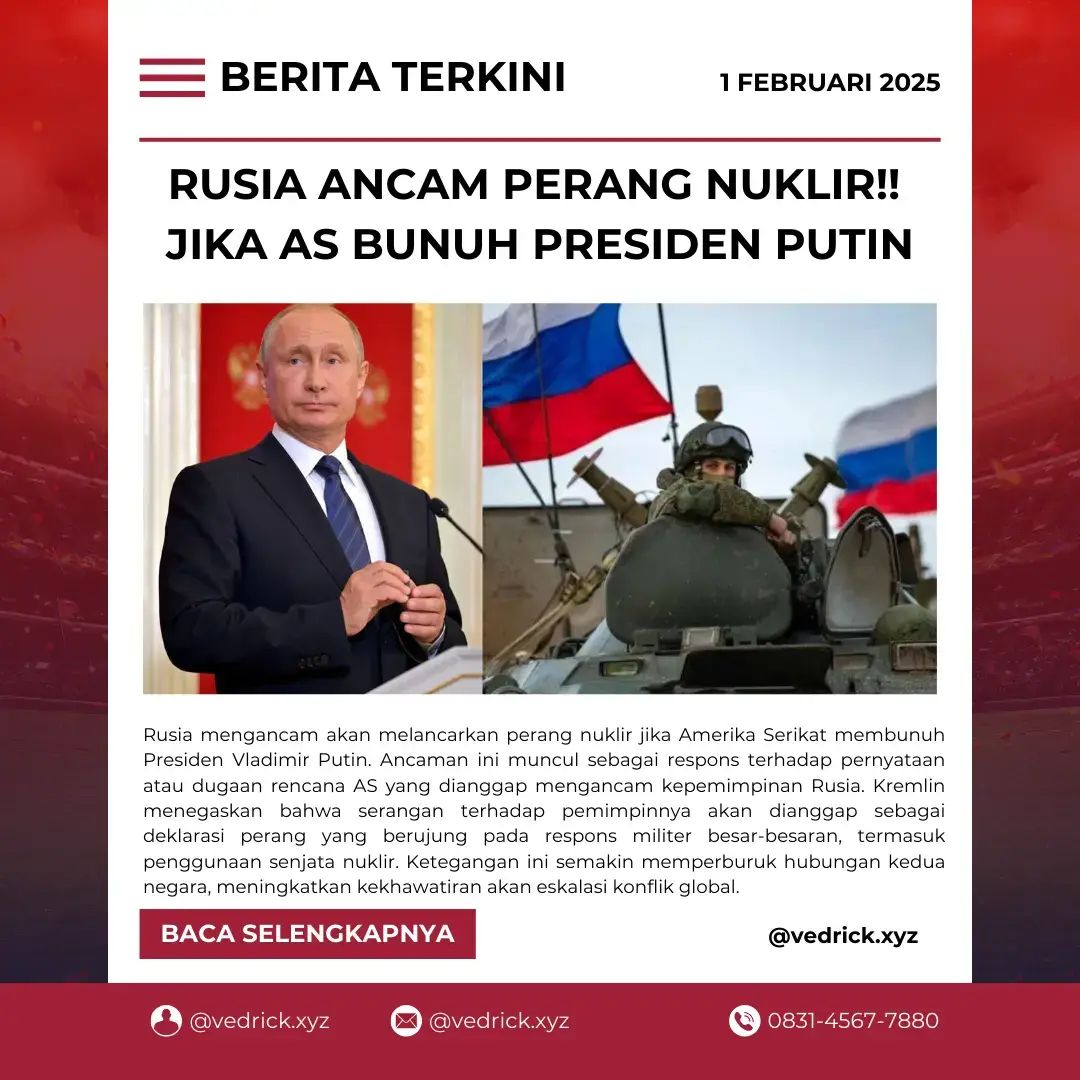 Rusia memperingatkan kemungkinan perang  nuklir jika Amerika Serikat berusaha membunuh Presiden Vladimir Putin.  Ancaman ini muncul sebagai respons terhadap laporan atau dugaan strategi  AS yang dianggap mengancam keselamatan pemimpin Rusia. Kremlin menegaskan bahwa setiap upaya pembunuhan terhadap  Putin akan dianggap sebagai serangan langsung terhadap negara, yang dapat memicu respons militer besar-besaran, termasuk penggunaan senjata nuklir. Peringatan ini semakin meningkatkan ketegangan antara Moskow dan Washington, yang sudah memburuk akibat konflik di Ukraina dan sanksi ekonomi terhadap Rusia.  Para pejabat Rusia menegaskan bahwa doktrin militer mereka memungkinkan penggunaan nuklir jika keberadaan negara mereka terancam.  Situasi ini menimbulkan kekhawatiran global akan eskalasi perang yang bisa melibatkan kekuatan nuklir dan berdampak luas terhadap stabilitas dunia. #putin #rusia #konflik #amerika#trending #viral2025  #perangdunia #beritaviral #masukberandafypシ  #fyp #4u #foryou#foryoupage 