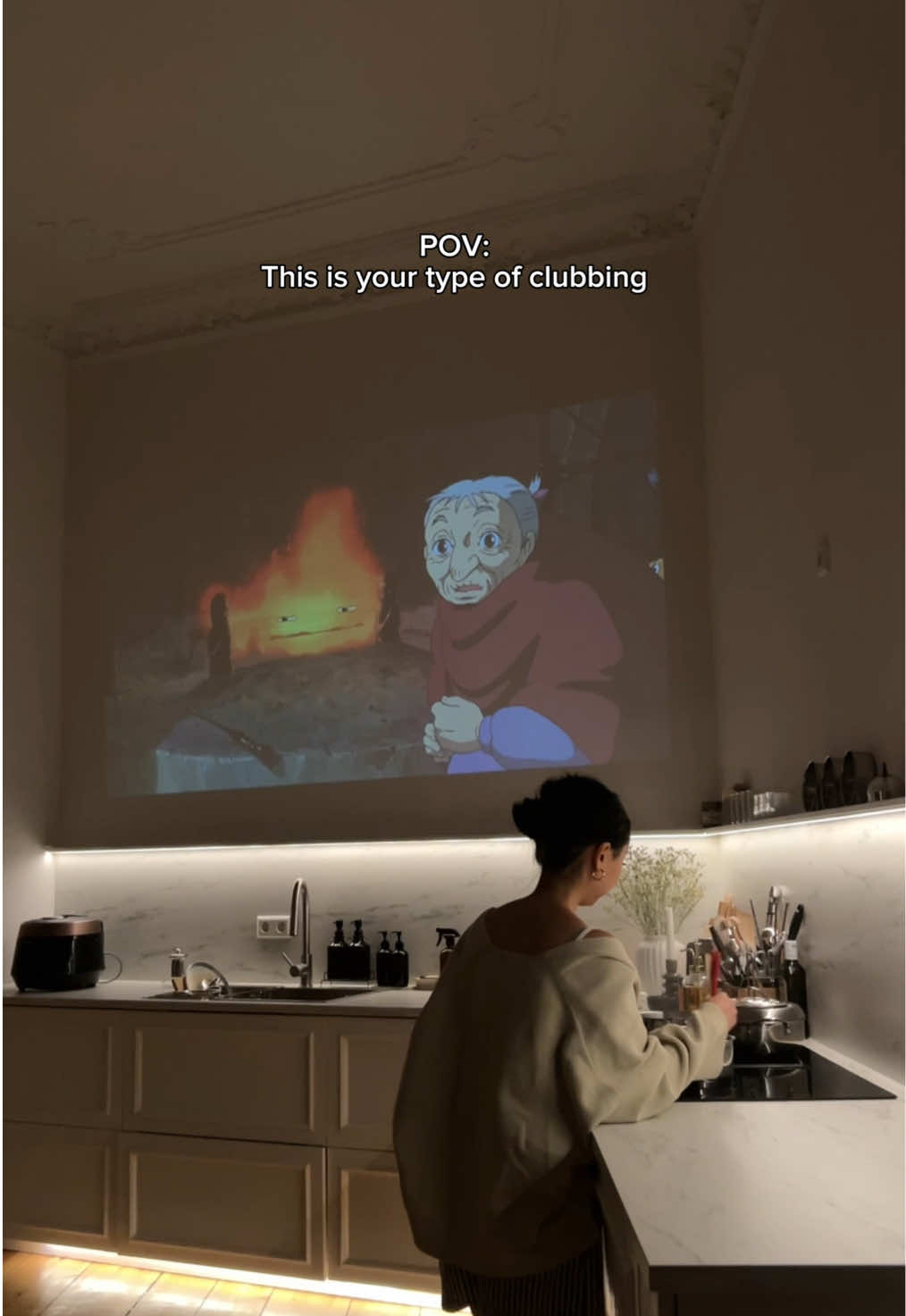 The best kind of nights - good food, a good movie, and no pressure to be anywhere but here 🍱🪩✨  #homejourney #kitcheninspo #kitchendesign #kitchenideas #newkitchen #interiordesign #homedesign #beamer #projector #ghibli #howlsmovingcastle #fyp #niugyn #creatorsearchinsights