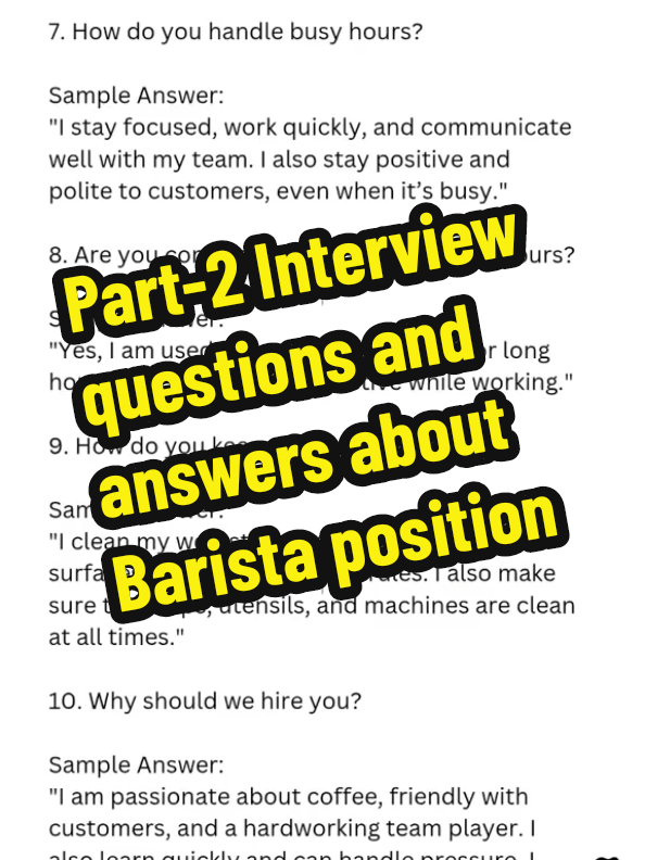 Part-2 👉 Top 10 Barista Interview Questions and Best Answer,🍀#foryoupage #foryou #fyppppppppppppppppppppppp #fypシ゚ #fyp #baristalife #coffee #english #view #video #viral #viralvideo #viraltiktok #tiktok #trending #trendingvideo #english #speaking #listening #reading #interview #tips 