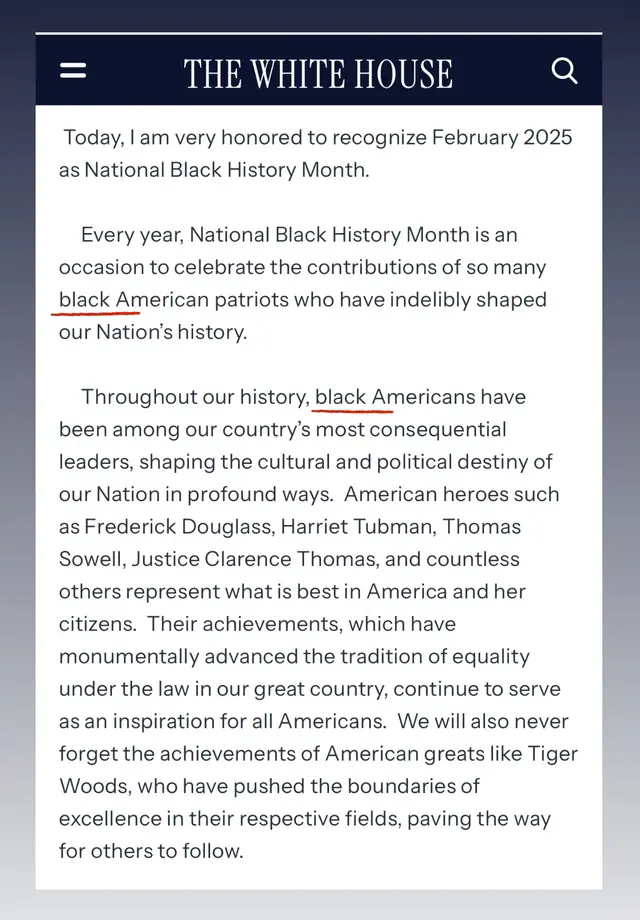 WH uses lowercase B when saying “Black Americans” in Black History Month proclamation. Shouts out Thomas Sowell who was Reagan’s economist, Clarence Thomas and Tiger Woods who is one of Trumps golf buddies. 