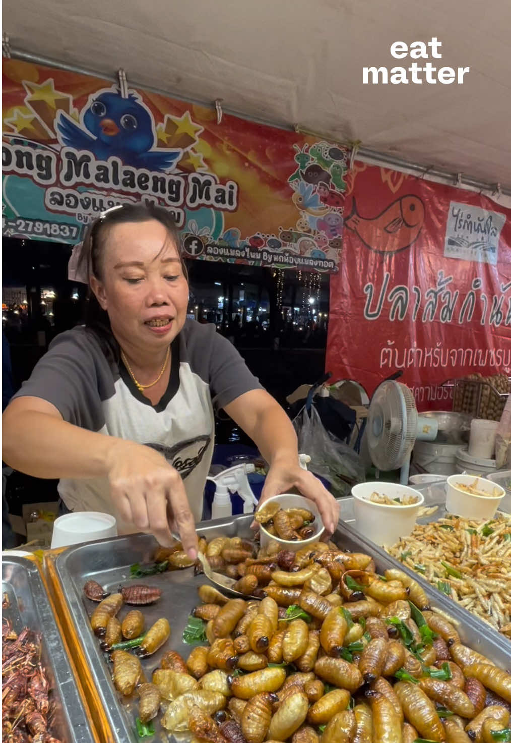 Amazing fried insects! 🦗✨ Dare to take a bite? ด้วงสาคูทอดอวบๆ สดเนื้อแน่น ฉีดซอสฉ่ำๆ #eatmatter #StreetFood #streetfoodthailand #เกษตรแฟร์68 