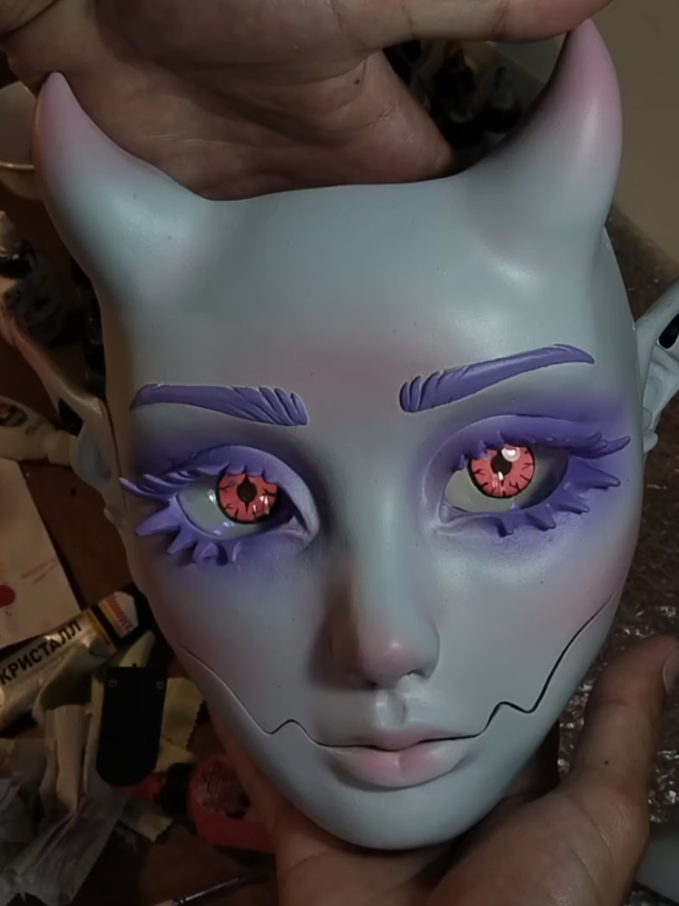 I can't believe I didn't post a mask with Nezuko's eyes🫠 #babydoll #demonslayer #succubus #demon #monstergirl #devil #monsterhigh #halloweenmask #nightmare #halloween #cosplay #cosplaygirl #gothgirl #gothic #etsy #gothicart #oni #krampus #japanesemask #japan #horrorart #horrormovies #horror