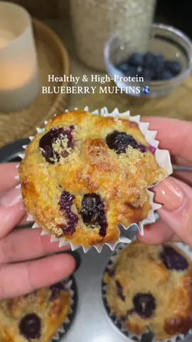 High Protein Blueberry Muffins🫐 Macros: 125 calories | 9.5g Protein Ingredients (makes 8)  - 120g oat flour  - 50g vanilla protein powder - 5g (1 ¼ tsp) baking powder - 1/4tsp baking soda - 1/4tsp salt - 1tbsp Honey - 1 large egg - 1 ripe banana - 160g 0% fat Greek yogurt - 80ml milk - 120g blueberries (coat in a little flour to prevent sinking) - Brown sugar (sprinkled on top) Instructions: 1. Preheat oven to 200°C and line a muffin tin with liners. 	 2. In a bowl, whisk together oat flour, protein powder, baking powder, baking soda, cinnamon, and salt. 	 3. In another bowl, mix egg, mashed banana, Greek yogurt, milk, and  until smooth. 	 4. Gently fold the wet into the dry until just combined. Do not overmix. 	 5. Coat blueberries in a little flour, then fold them in. 	 6. Fill liners almost to the top (about ¾ full). Sprinkle over brown sugar. 7. Bake at 200°C (400°F) for 5 minutes, then reduce to 175°C (350°F) and bake for 12-15 more minutes, or until golden.  8.	Let cool for 5 minutes, then transfer to a wire rack. . . . . #EasyRecipe #healthyrecipes #blueberrymuffins #muffin #highproteinbreakfast #highprotein 