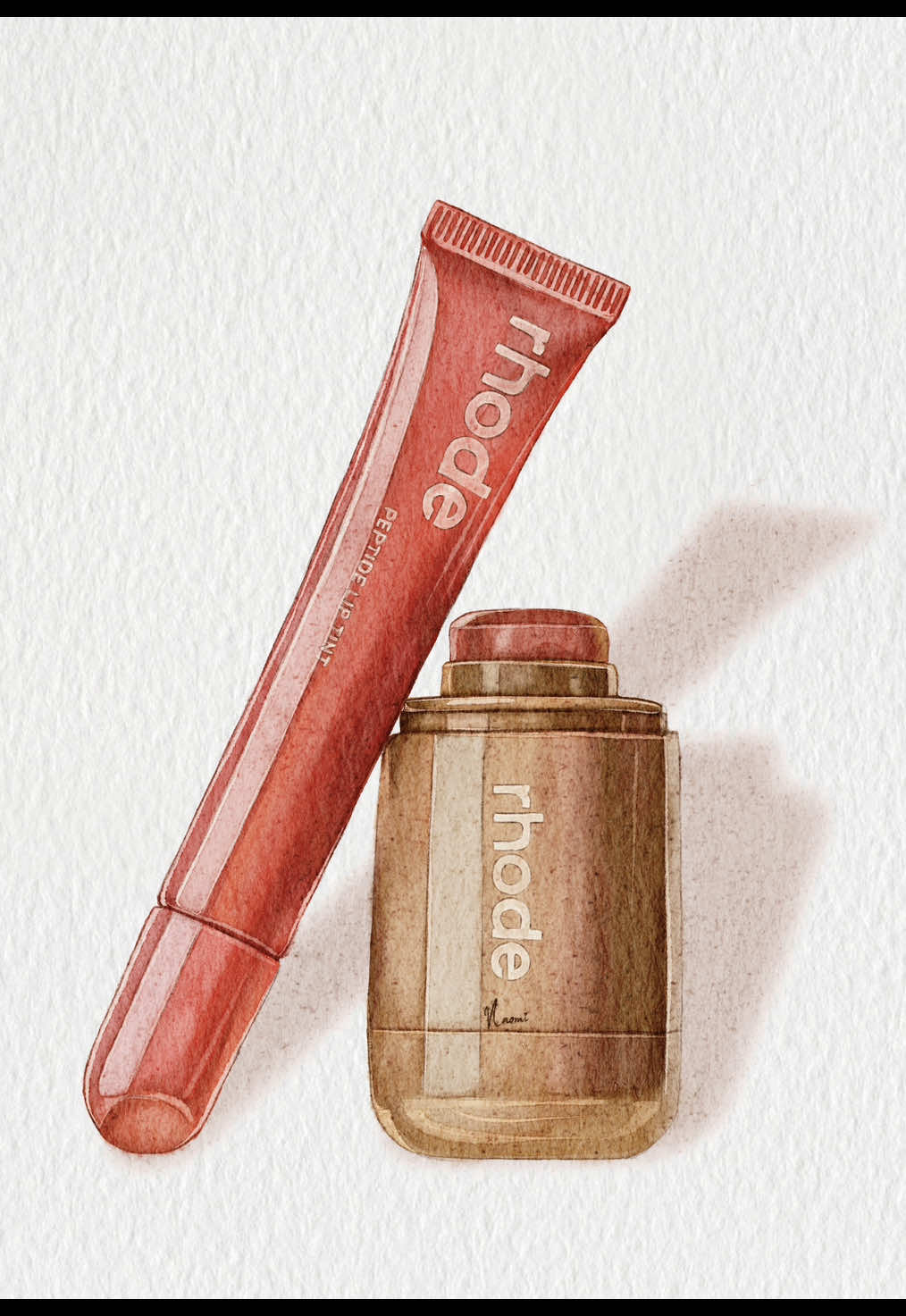 Which Rhode shade is your fave? 💄 Btw shpuld do more beauty product drawings? ✨ Brushes and paper texture link in my bio or visit: bynaomiarts.etsy.com #procreate #watercolor #digitalwatercolor #rhode 