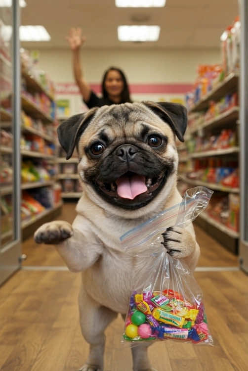 A cute pug who loves sweets.🍬🍭#pug#cute #funny #puglover#cutepug#cooking #ai #shorts#story#pagu