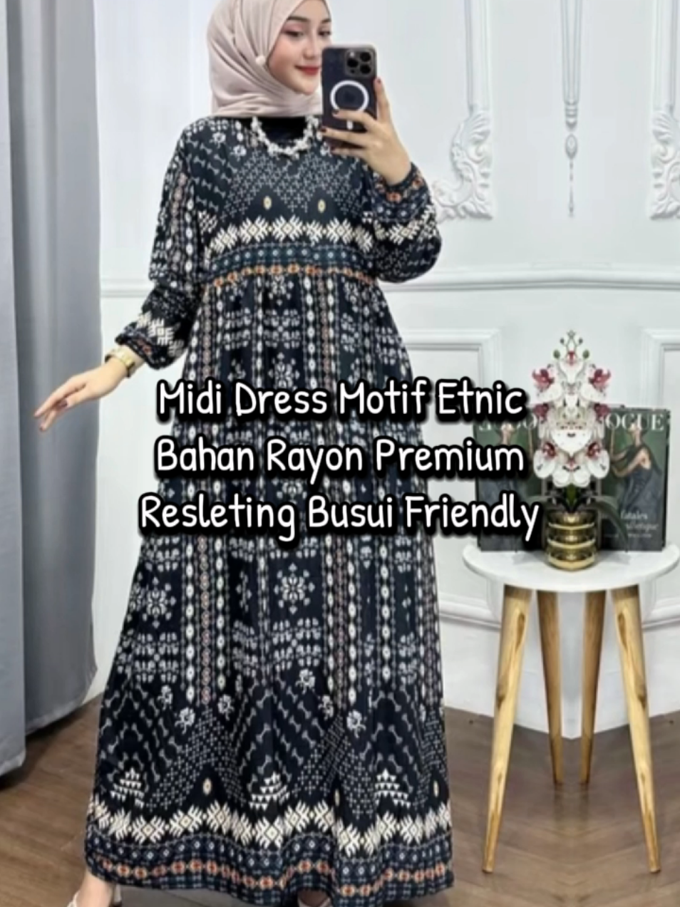 Midi Dress Motif Etnic Terbaru Bahan Rayon Premium Resleting Busui Friendly Dilengkapi Tali Pinggang Lengan Kerut 