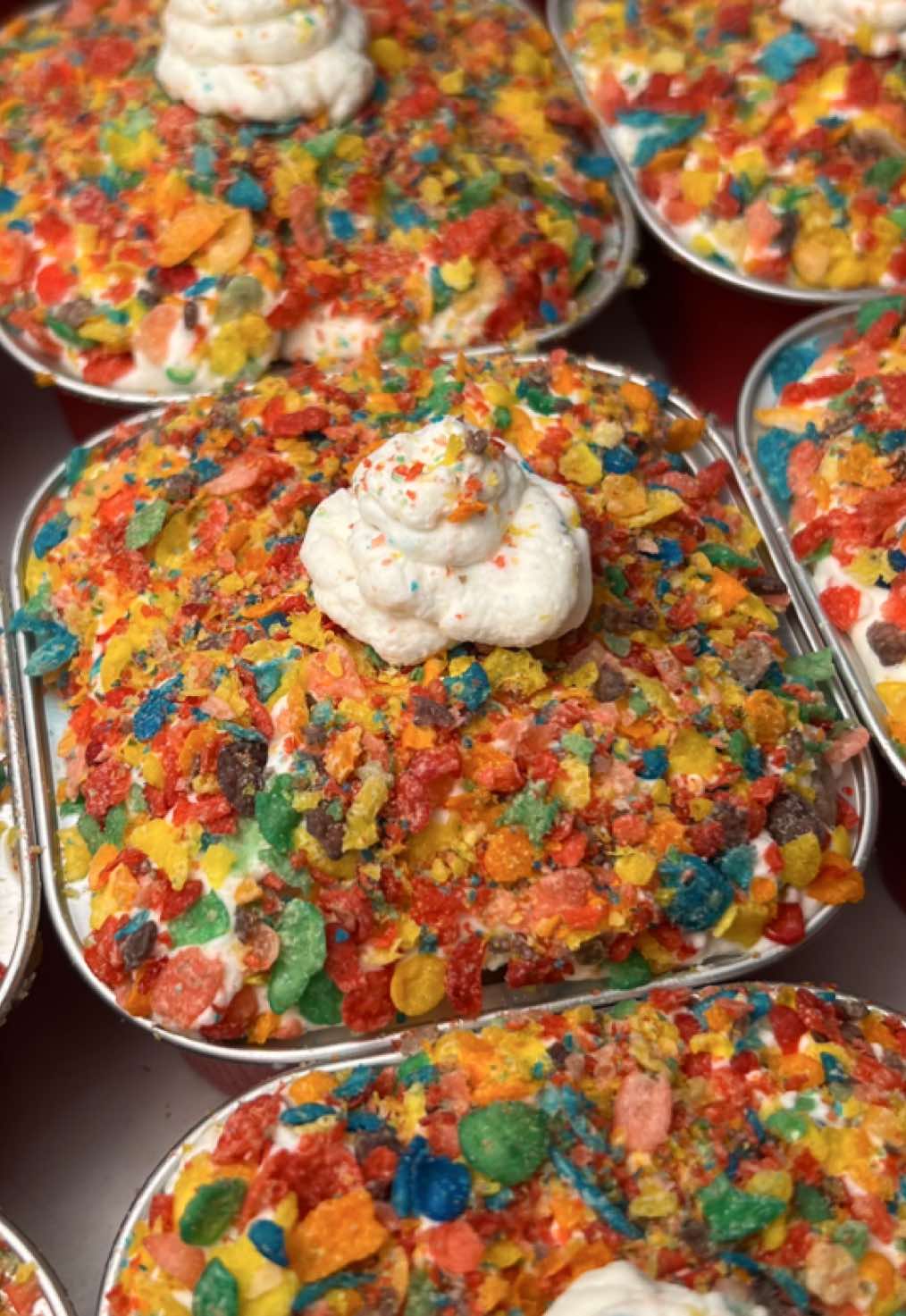 Mini Fruity Pebbles Tres Leches. Another perfect dessert for Valentines Day or any day of the week 🥰🥣🥛🍰 #valentinesbaking #tresleches #minitresleches #treslechesindividuales #minicakes #fruitypebblestreats #cerealtreats #viraldessert #creatorsearchinsights 