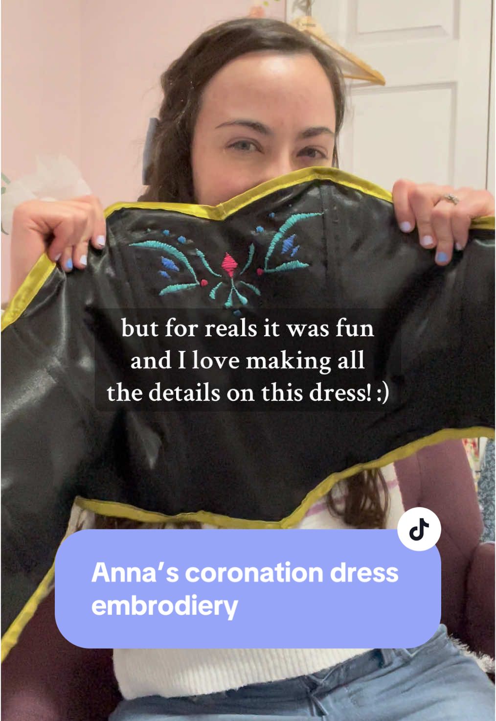 I am the WORST at estimating how long things will take; I thought this would take an hour 😅😂  let’s just say the Elsa costume I have planned will be entirely machine embroidered 😂 But it’s been super fun taking the time to do all these details on my Anna coronation dress from Frozen! Can’t wait to put it all together! #frozen #frozencosplay #annacosplay #annacoronationdress #sewingtiktok #cosplay #cosplaytiktok #annafrozencosplay 
