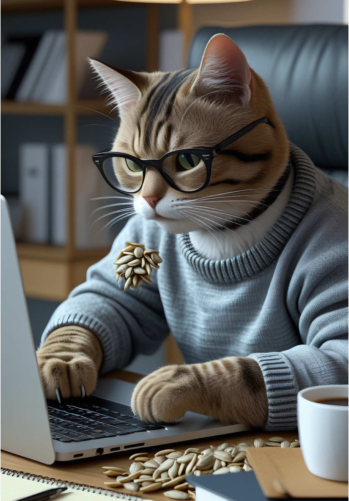 “Busy Cat at Work: Type, Snack, Repeat! 😼💻🌻” Who says only humans can multitask? 😼✨ Check out this stylish cat working hard at its home office—typing away on a laptop while snacking on sunflower seeds! 🤓☕📖 Who else can relate to this chill but productive work vibe? 🤭 #CatBoss #WorkFromHome #SmartCat #ProductiveVibes #CozyOffice #FelineFocus #LaptopLife #ai #meme ##animal #viraltiktok #fyppasti 
