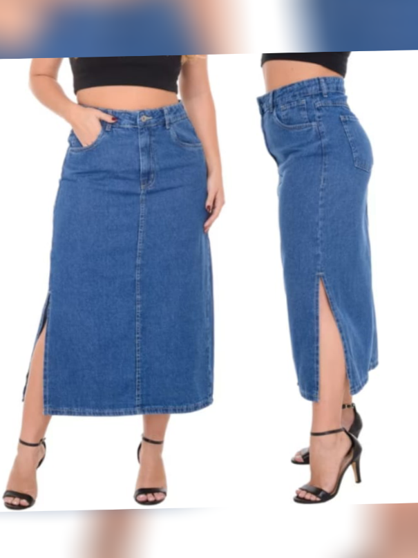 Saia jeans longa cintura alta evangélica com fenda lateral possui bolso é 100% algodão. acesse o site vários números a sua disposição.❤️ https://s.shopee.com.br/6KpJ29AQYW #saialongajeans  #saialongacomfenda  #modaevangelicafeminina 