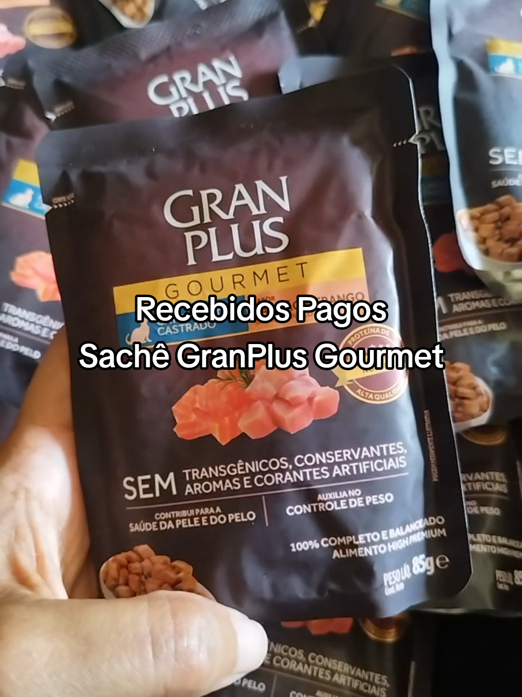 Recebidos para os Pets, Sachê Gourmet Gato Adultos Castrado Salmão e Frango, sendo a caixa com 18 unidades, 85g cada. SEM Transgênicos, Conservantes, Aromas e Corantes Artificiais 💗🐈‍⬛🐈 #sache #granplus #granplusgourmet #castrado #gatos 