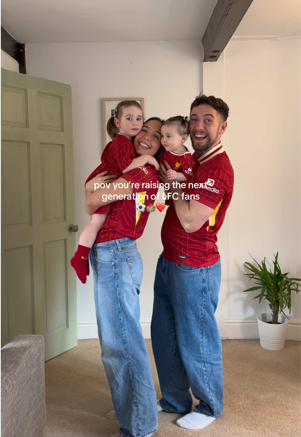 My husbands lucky charm is his girls in their LFC kits ❤️⚽️🏟️ @LFC Retail @Liverpool FC  #lfc #footballtiktok #babyfootball #liverpoolfc #family #matchingfamily #footballfans #husband #family