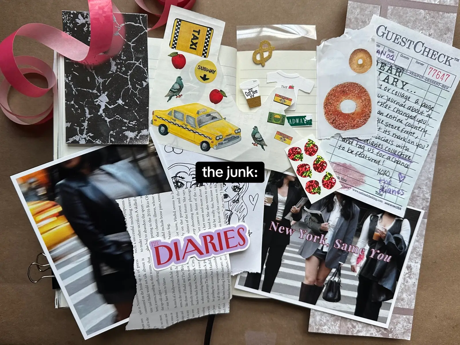 The junk, the prompt, the spread <3 curated junk from @The Diaries Magazine 💌  #journaling #journalwithme #journalpage #journalprompts #creativejournal #scrapbooking #junkjournal #junkjournalideas #stationaryhaul #stationaryaesthetic #pinterestaesthetic #pinterestinspo #crafttok #craftygirl #deardiary #nycaesthetic #nycgirl #newyorkcheck #nycfashion 