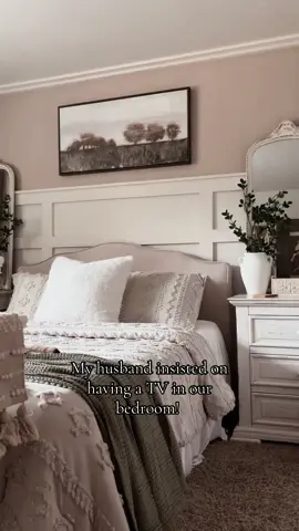 We built a cabinet to hide it in and used a TV lift from @TouchstoneHomeProducts and now we’re both happy!! 🥰 #bedroomdesign #cottagecore #cozyathome #cottagestyle #cottageaesthetic #DIY 