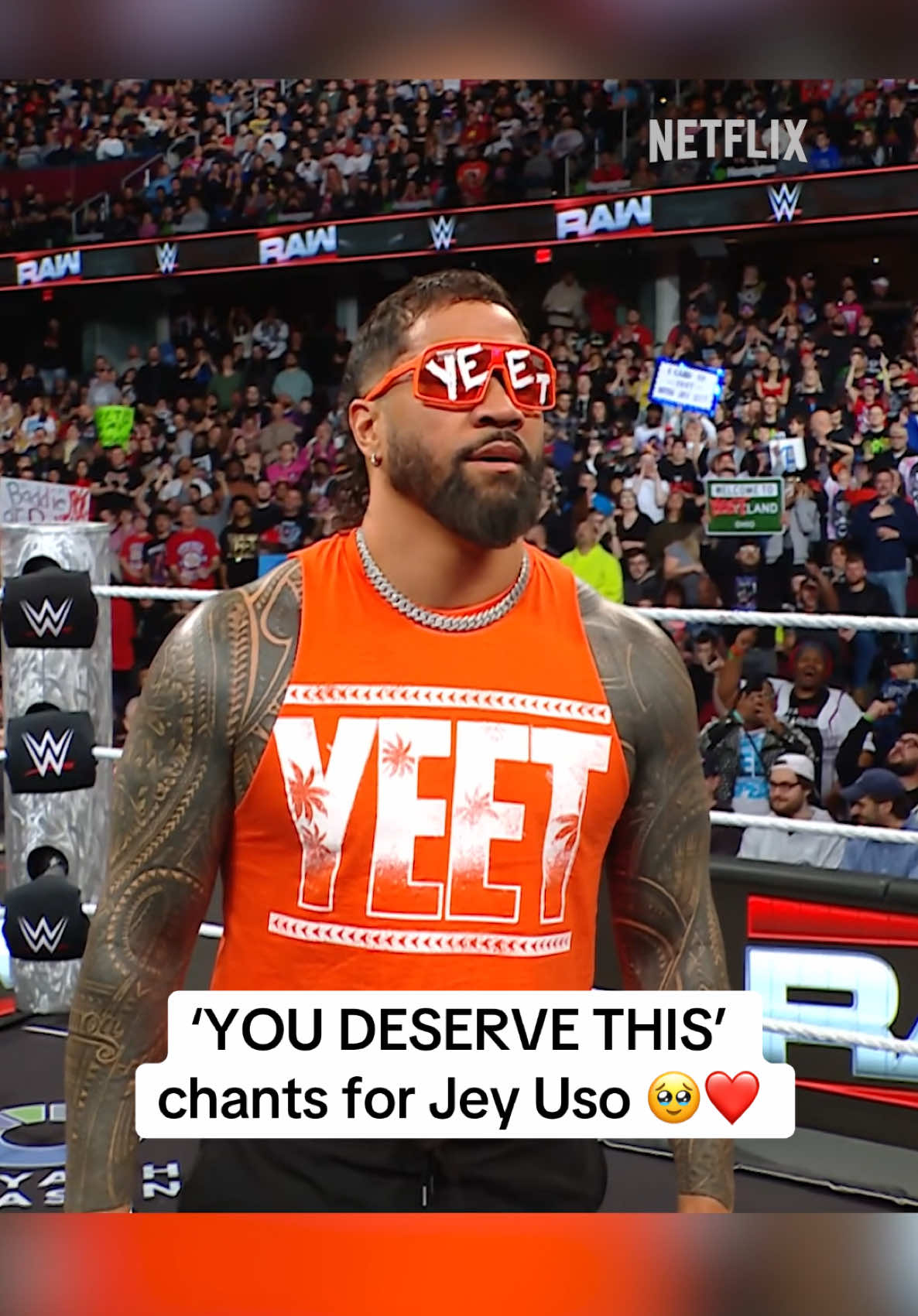 Fans chanting ‘YOU DESERVE THIS’ to Jey Uso on #RAWonNetflix following his #RoyalRumble win 🥹❤️ #WWE #WWERaw 