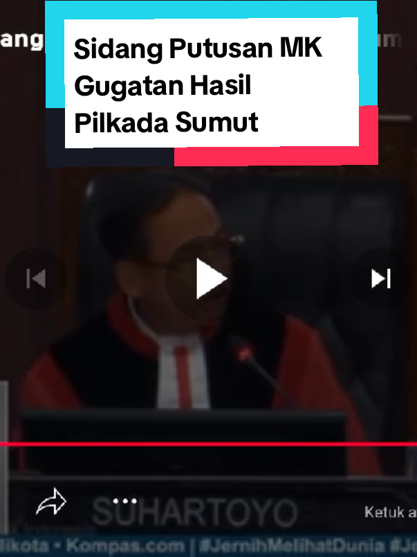 sesuai hasil sidang putusan MK, menguatkan atas pilihan Masyarakat Terhadap pemilihan gubernur sumatera utara yg dimenangkan pasangan calon gubernur nomor urut 1 Bobby Nasution -H.Surya masyarakat Sumatera Utara benar-benar sdah muak atas  kepemimpinan 1 Priode tahun 2018-2023 Bersama Gubernur Sumut yg Lama.  tpi beliau belum puas atas hasil pilkada Lalu, masih berusaha menggugat atas hasil pilihan masyarakat, yg sdah jls2 selisih suara berbeda jauh.  atas semua tuduhan yg di sampaikan pemohon kepada pemohon yaitu KPU dan Terkait selaku Paslon nmor urut 1.  semua TUDUHAN yg di sampaikan Beliau (Paslon 2) Gugur demi Hukum dan Sama sekali tidak terbukti ada kecurangan.👏 Gubernur Terpilih yg sah sesuai pilihan masyarakat paslon nomor urut 1. Bobby Nasution dan H. Surya  #creatorsearchinsights  #bobynasution  #pilgubsumut2024  #fyp  #kompastv  #gerindra 
