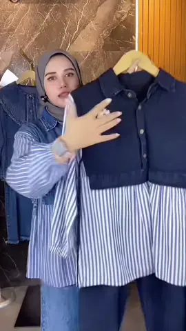 Zifana-Alisa Oneset Jeans Kombinasi Motif Salur Busui friendly Wanita Kekinian Dewasa - Muslim Gamis