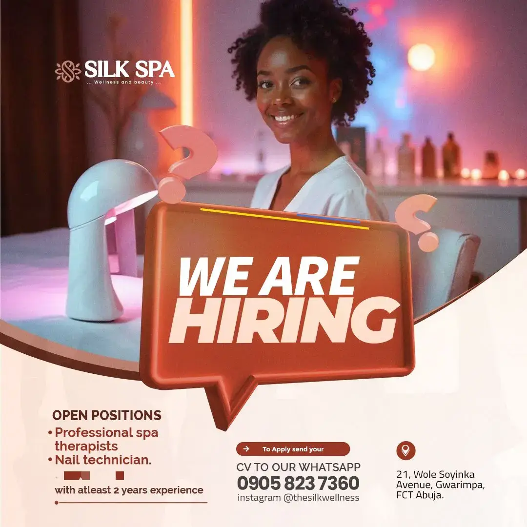Join the Silk Spa family! We're hiring  Positions :  Professional Spa Therapists Nail technician  PLEASE NOTE: Applicants must reside within/ Around Gwarinpa Abuja Apply today: [Link in bio, or send a DM]  #SilkSpa #Hiring #SpaJobs 