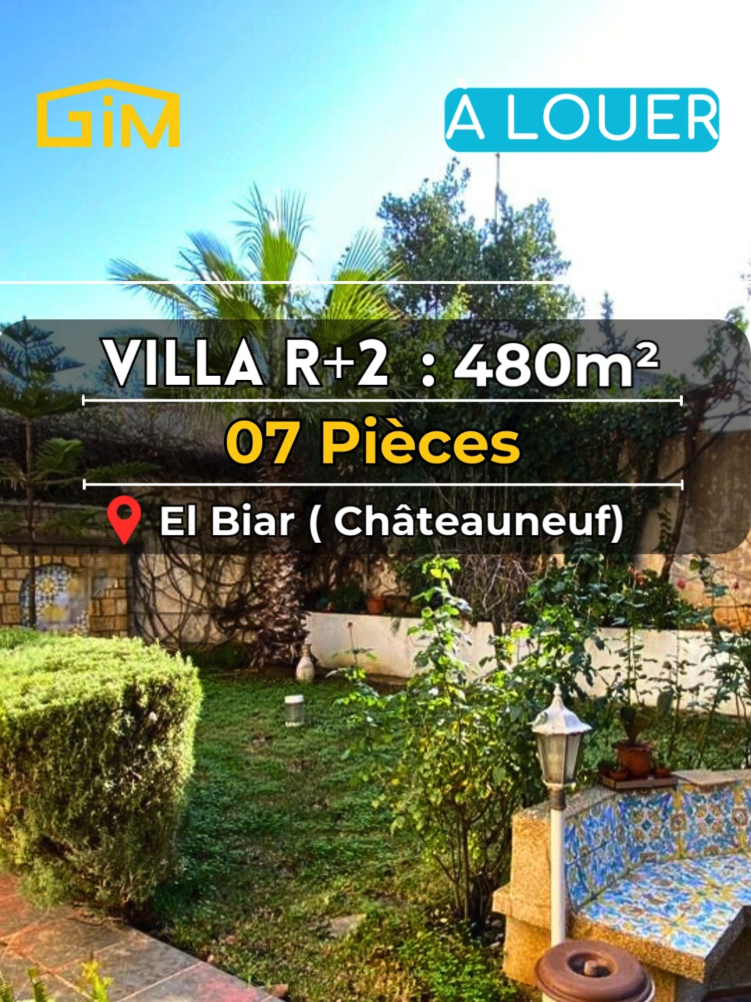 📢 À Louer : Magnifique Villa R+2 de 480m² 🌿 GIM vous propose à la location une superbe villa de 480m² en R+2, offrant confort, espace et prestations haut de gamme. 🔹 Caractéristiques principales : ✅ Deux accès indépendants ✅ Garage pouvant accueillir jusqu'à 5 véhicules ✅ Grand jardin pour des moments de détente en plein air ✅ Hammam traditionnel pour un confort absolu 🔹 Agencement intérieur : 🟢 Rez-de-chaussée : Cuisine spacieuse Deux grands salons lumineux Sanitaires 🟠 1er étage : Suite parentale avec salle de bain et espace dressing Trois chambres confortables Salle de bain supplémentaire 🔵 2ème étage : Une chambre Une salle de bain 🌟 Terrasse : Buanderie pour plus de praticité 📍 Emplacement idéal, proche des commodités et des axes principaux. 💰 Contactez-nous dès maintenant pour plus d’informations ou pour organiser une visite ! ☎️ 05 41 48 09 39 | GIM - Votre partenaire immobilier en Algérie