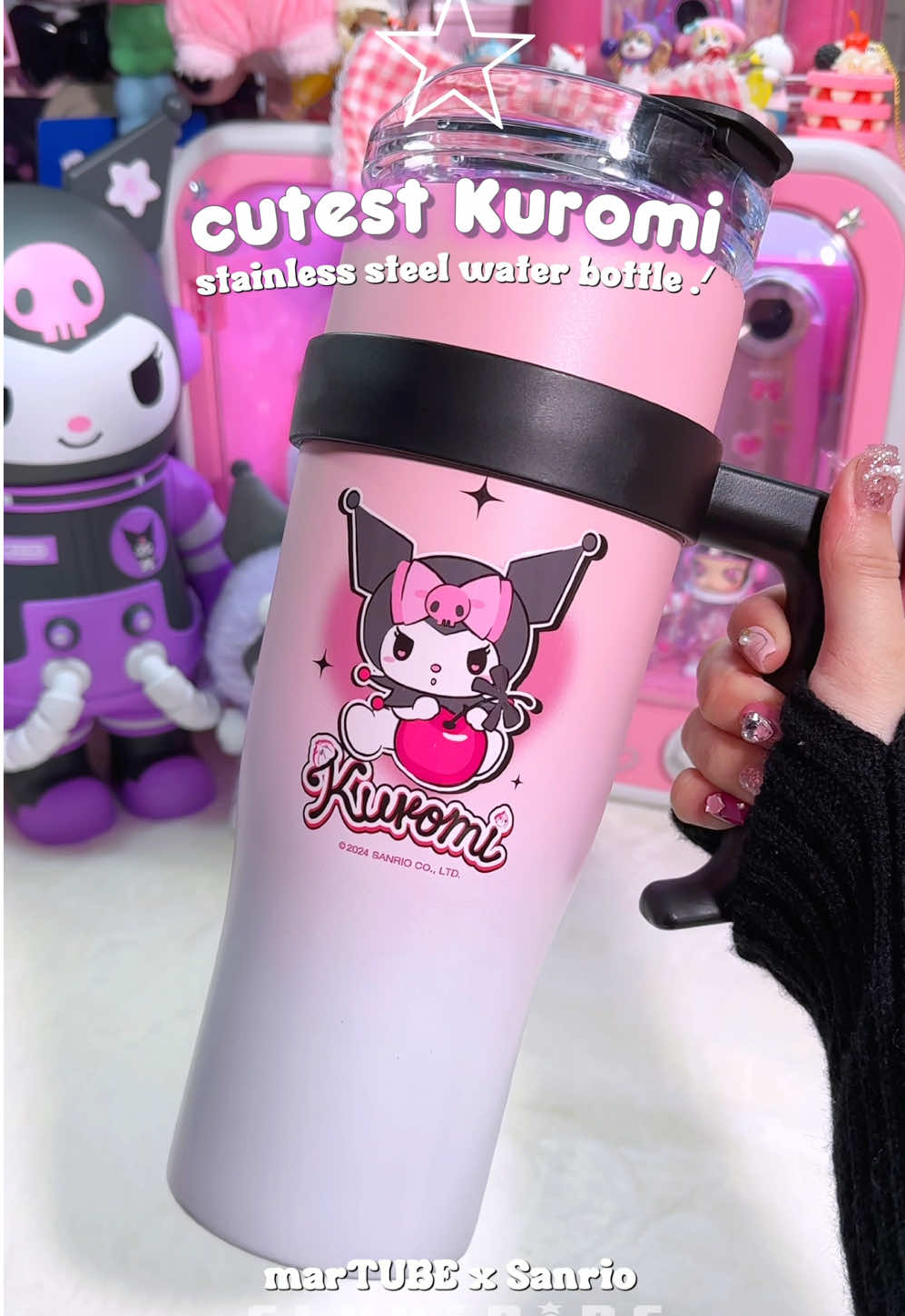 unboxing the cutest Kuromi water bottle! 😍💜💧 hydration has never been this cool ✨ I even did a leak test to check the qualityy 🍒 I'm so excited to use this for my gaming nights~ huge thanks to @martube_official !! 🥰🫶🏻 *gfted #kuromi #sanrio #kuromicore #martube #kuromifytheworld