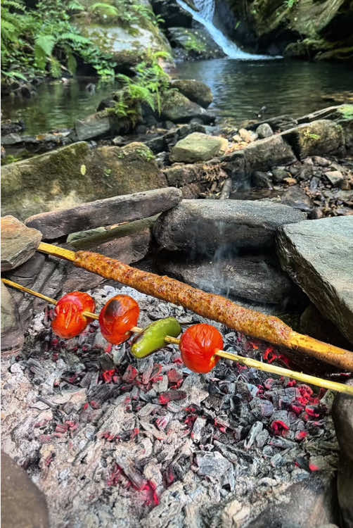 Grilling meat on a charcoal stove in nature 🥩🪵🔥🏔💦 #outdoorcooking #cookingasmr #Recipe #leon #cookingnature #foodtiktok #camping 