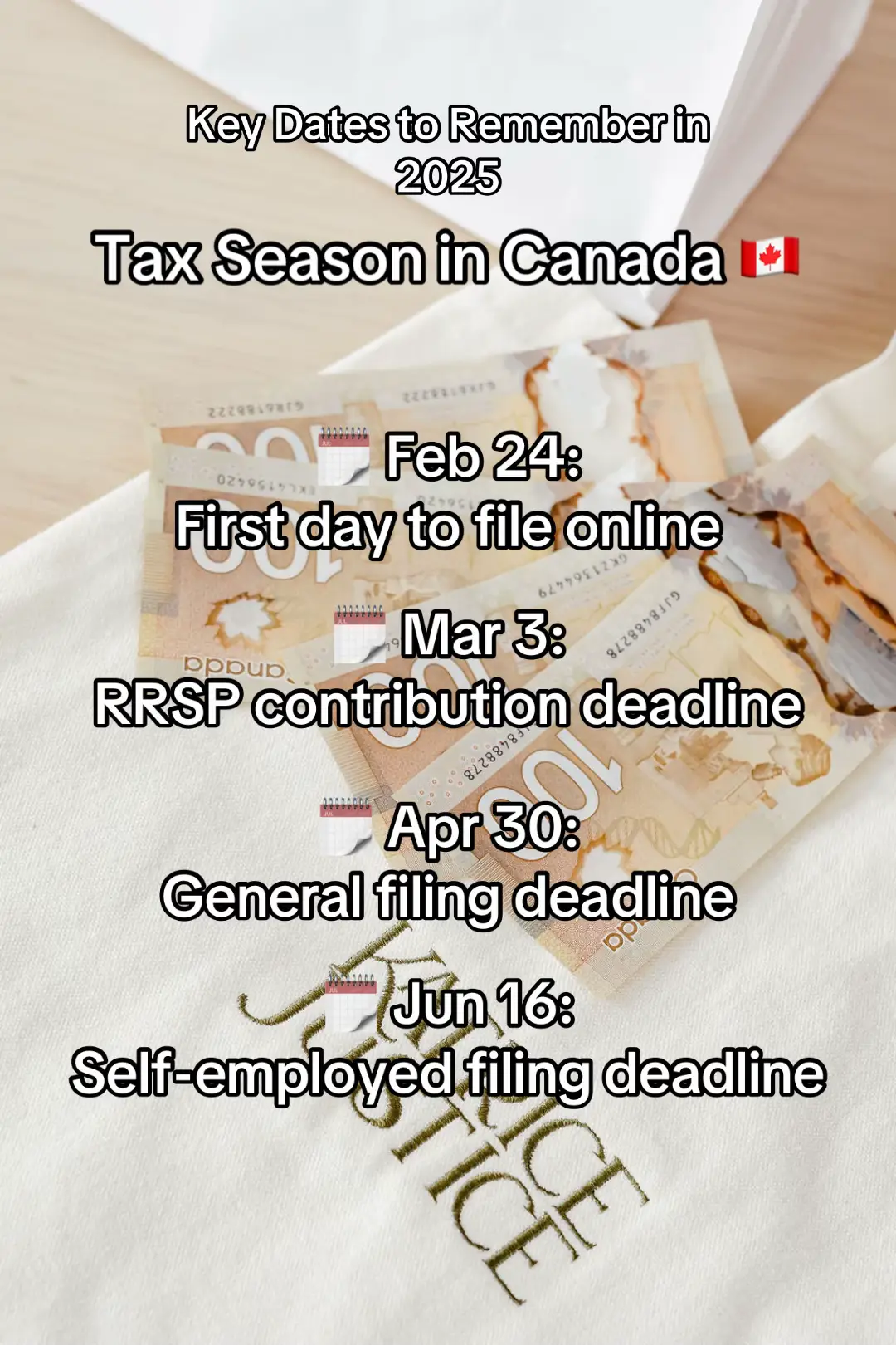 📅 Key Tax Dates to Remember in 2025 Tax season is around the corner, Canada! 🇨🇦 Whether you’re filing early or just trying to avoid penalties, here are the dates you can’t afford to miss: 🗓️ February 24: First day to file online 🗓️ March 3: RRSP contribution deadline 🗓️ April 30: General filing deadline 🗓️ June 16: Self-employed filing deadline 💡 Pro Tip: Set reminders for these dates now to stay ahead! Planning early can save you stress—and maybe even money. Save this post for later 📌 and tag a friend who could use a reminder this tax season.  #katricejustice #TaxSeason2025 #CanadianTaxes #TaxTips #PersonalFinance #canada 