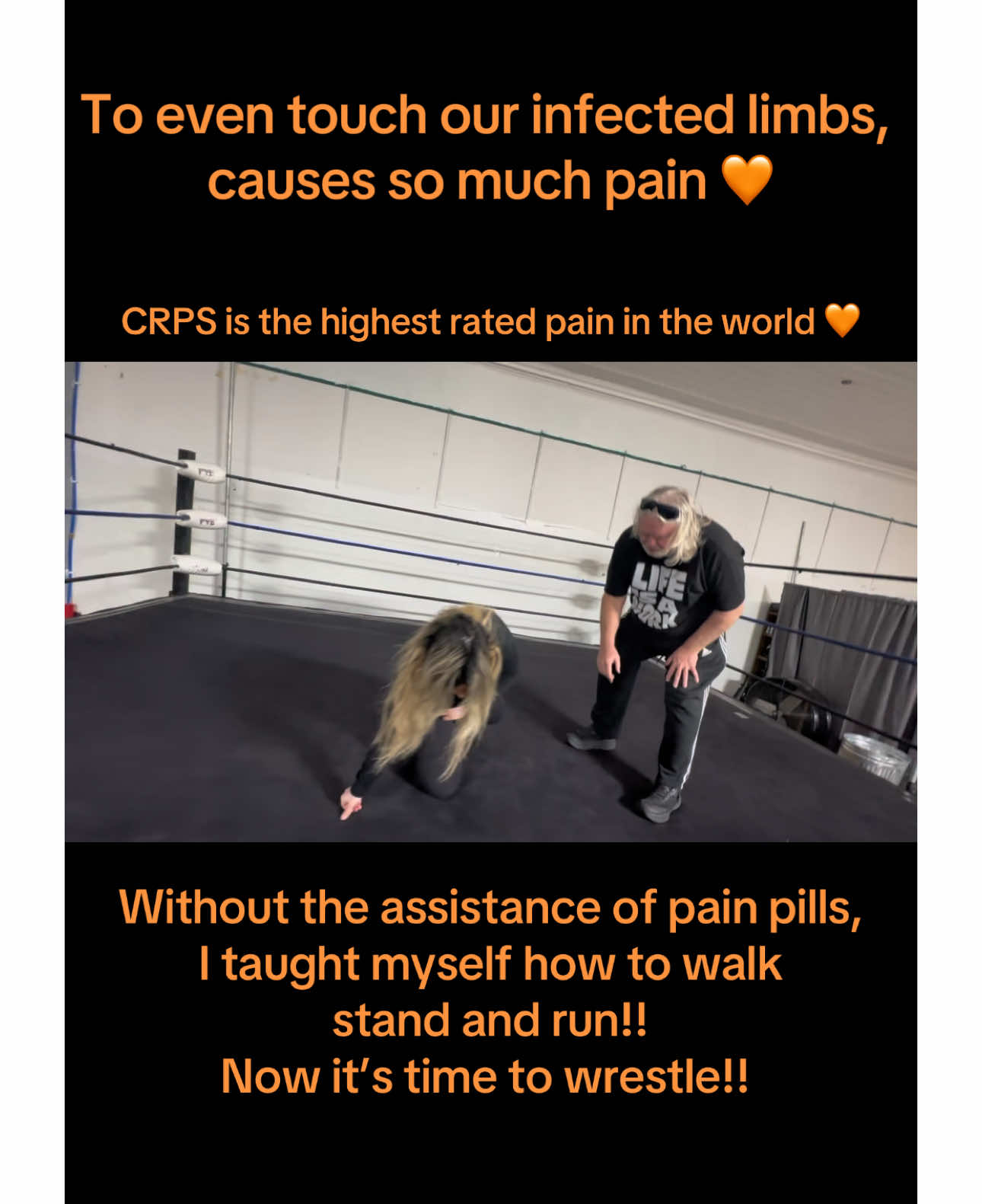 I’m not just doing this for myself, im doind this for them. They are watching me & they want to know how I’m doing this?! I want them to know that I’m scared & in pain…this isn’t easy! But it is possible!! Dont let your sick body stop you from living!! Rise above the pain! Our bodies are sick, this is true, but im not going to stop fighting!! Are you watching?? Lets save lives! #crps #professionalwrestling 