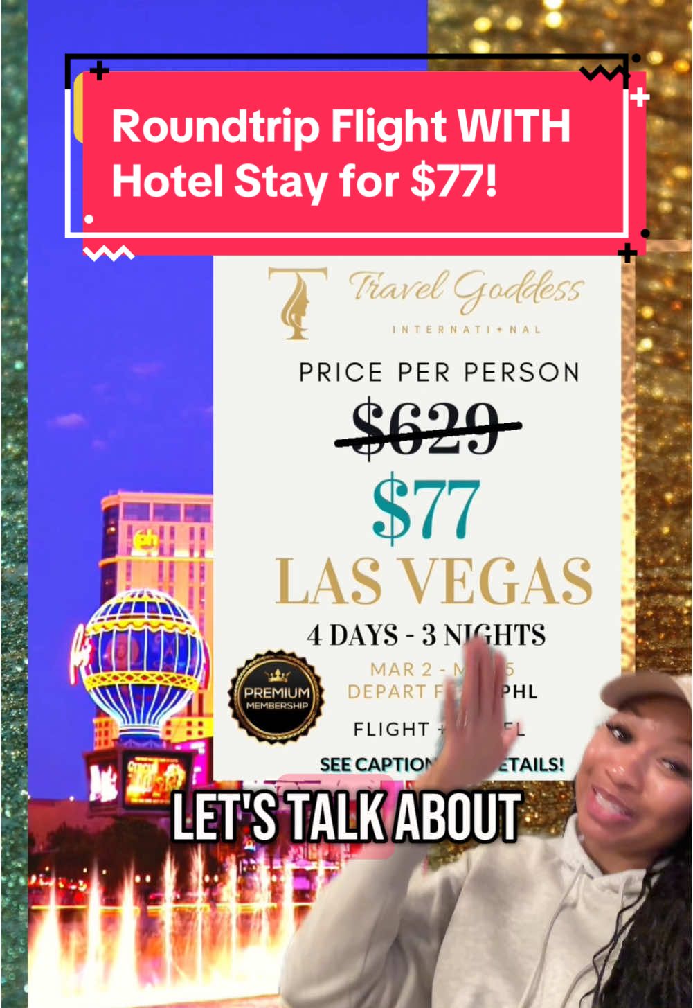 The #travelgoddessintl team has your #contenttrip handled! Flight ➕ Hotel for ONLY $76 per person! Book, Pay & Go! It really IS that simple 😎 Join our travel community to book this #traveldeal and enjoy so many other perks & benefits! See you there 💫 #travelcontentcreator #contentcreator #lasvegastiktok #vegastiktok #vegastrip 