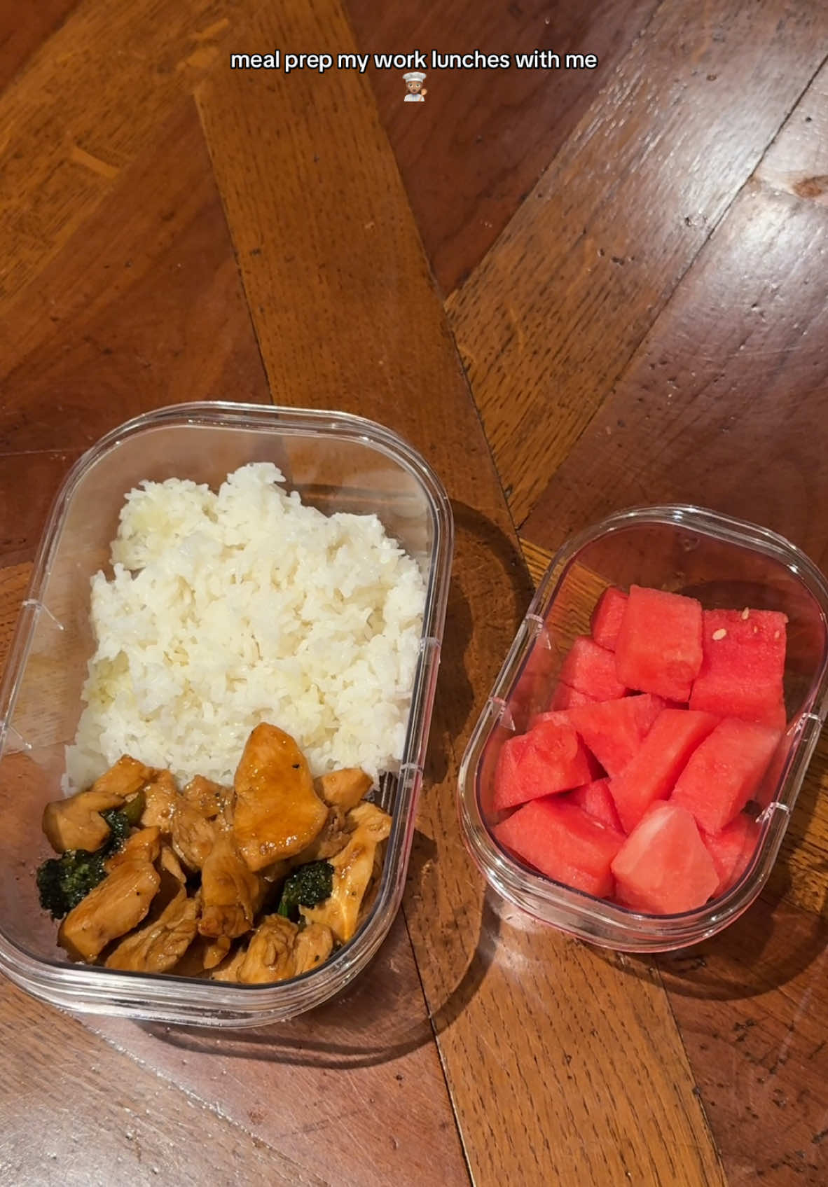 Meal prep my work lunches with me 👩🏽‍🍳 This week we’re having teriyaki chicken, broccolini, jasmine rice and watermelon cubes! #cookwithme #cooking #mealprep #worklunch 