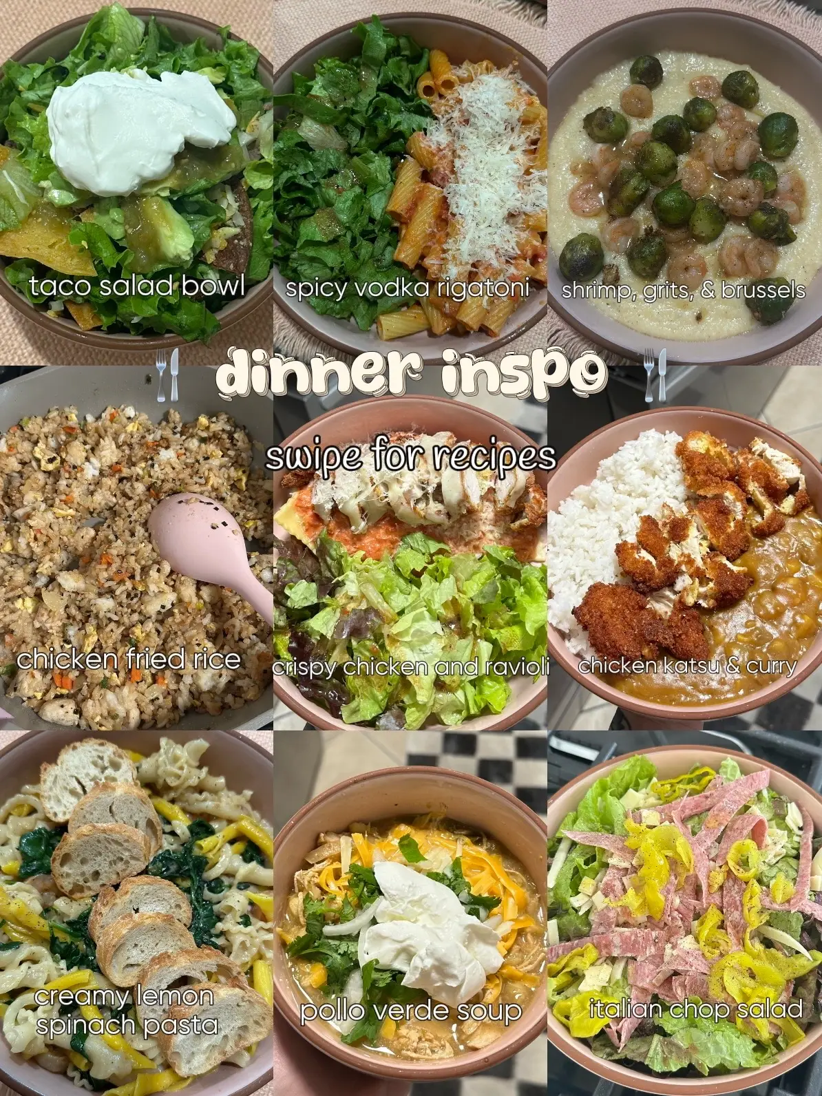 just a few dinner ideas to try out along with the recipes! 🤍 some are definitely easier than others, but all are 10/10 in my opinion! #DinnerIdeas #dinnerrecipes #dinnerinspo #recipesoftiktok #recipes #lemon8 